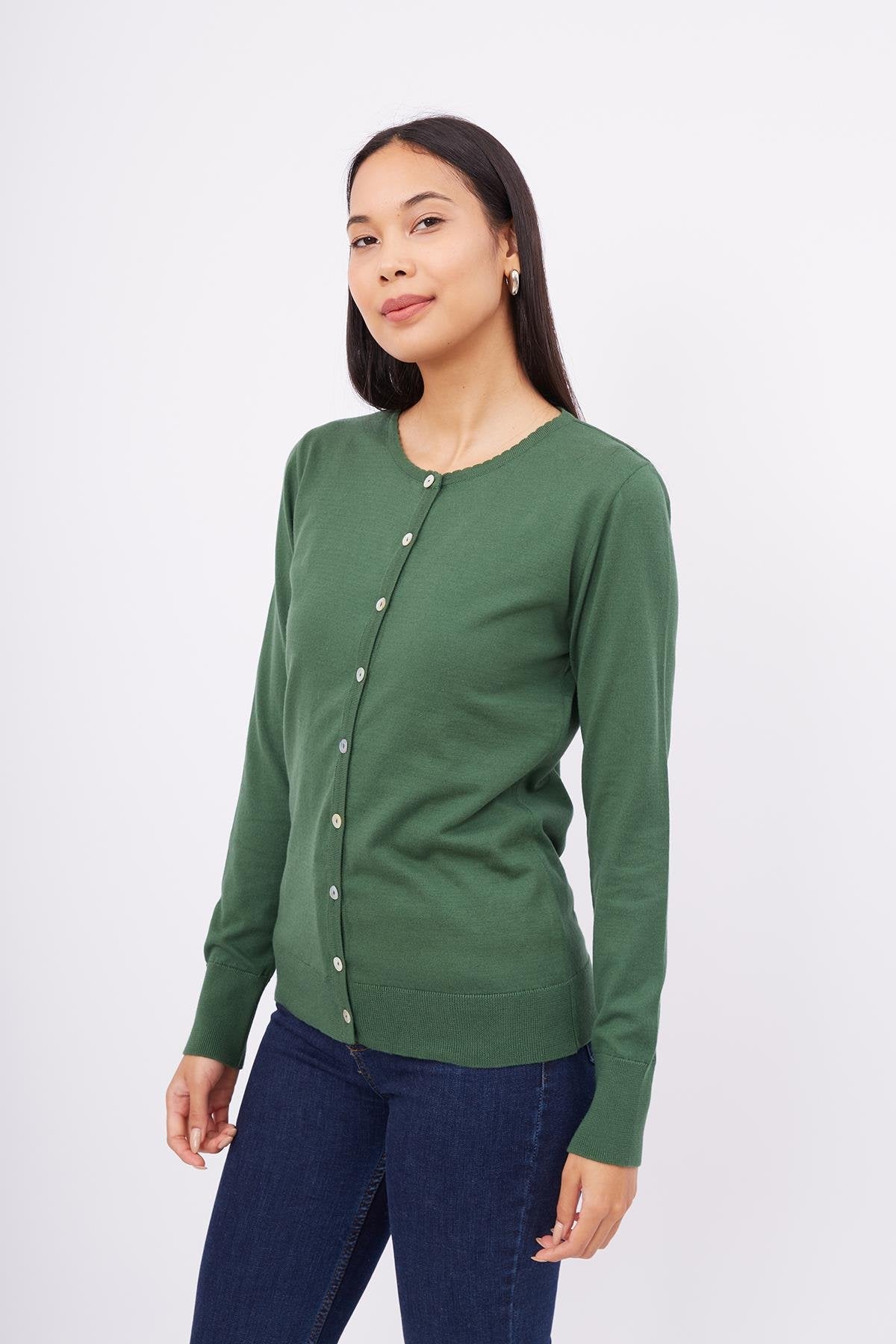 Peraluna-Mila Cardigan Bisiklet Yaka Basic Pamuklu Kadın Triko Hırka Koyu Yeşil-Kazak & Triko-6-Milagron.com