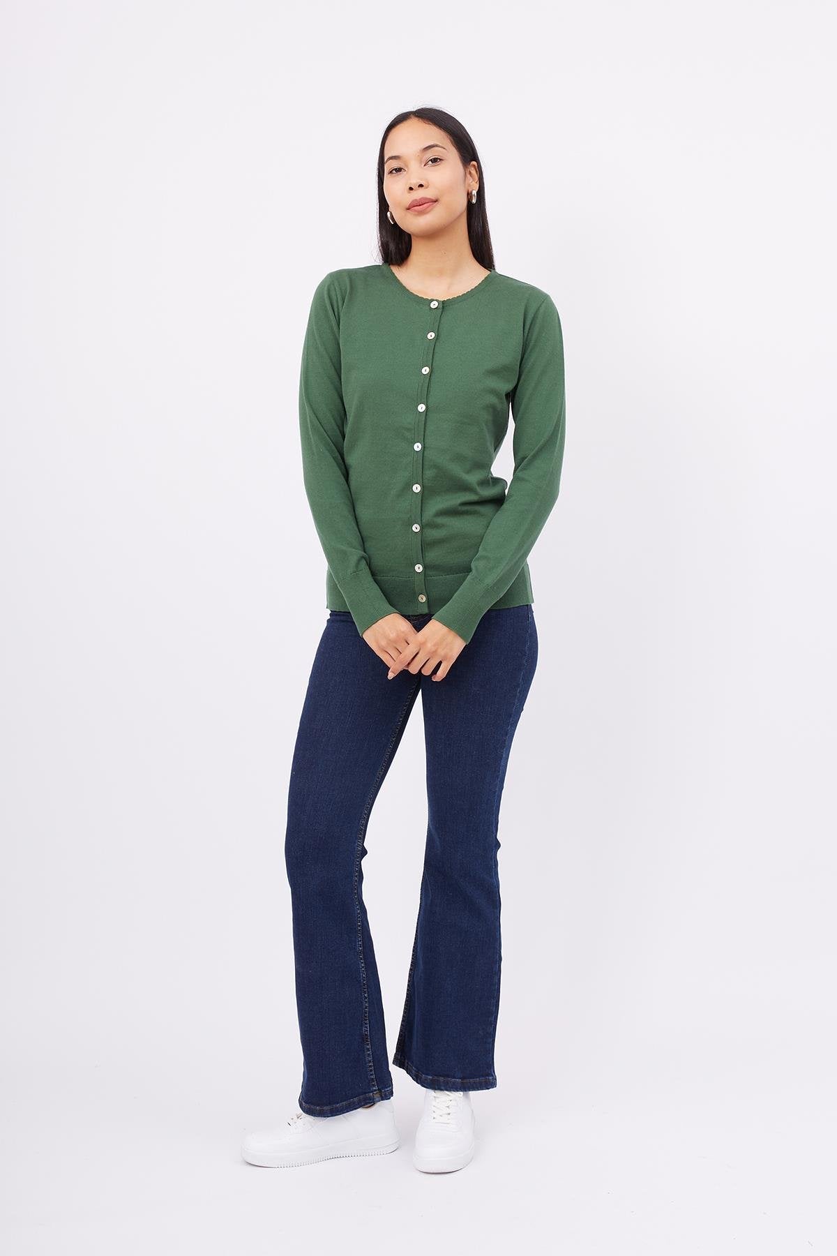 Peraluna-Mila Cardigan Bisiklet Yaka Basic Pamuklu Kadın Triko Hırka Koyu Yeşil-Kazak & Triko-7-Milagron.com