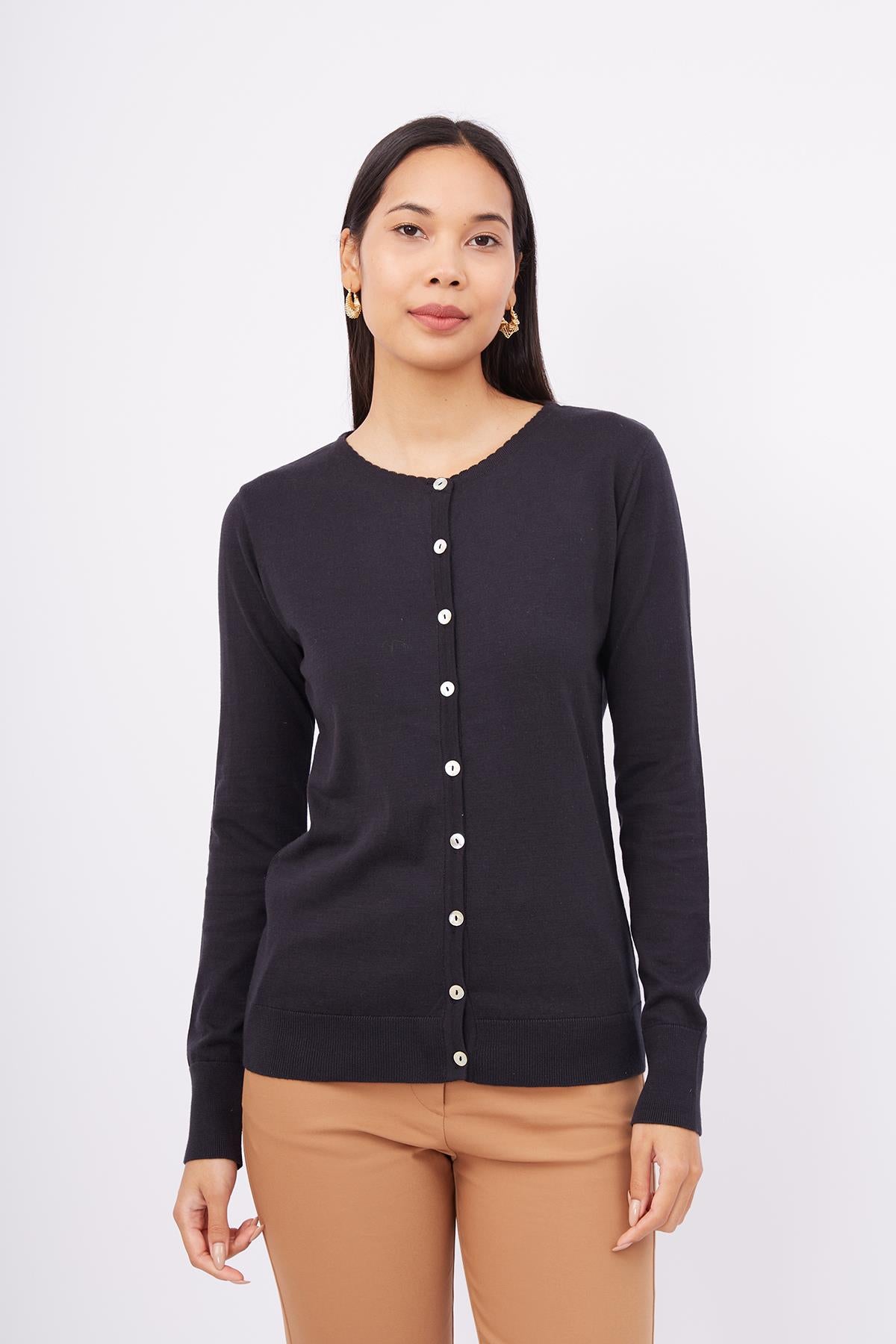 Peraluna-Mila Cardigan Bisiklet Yaka Basic Pamuklu Kadın Triko Hırka Si̇yah-Kazak & Triko-2-Milagron.com