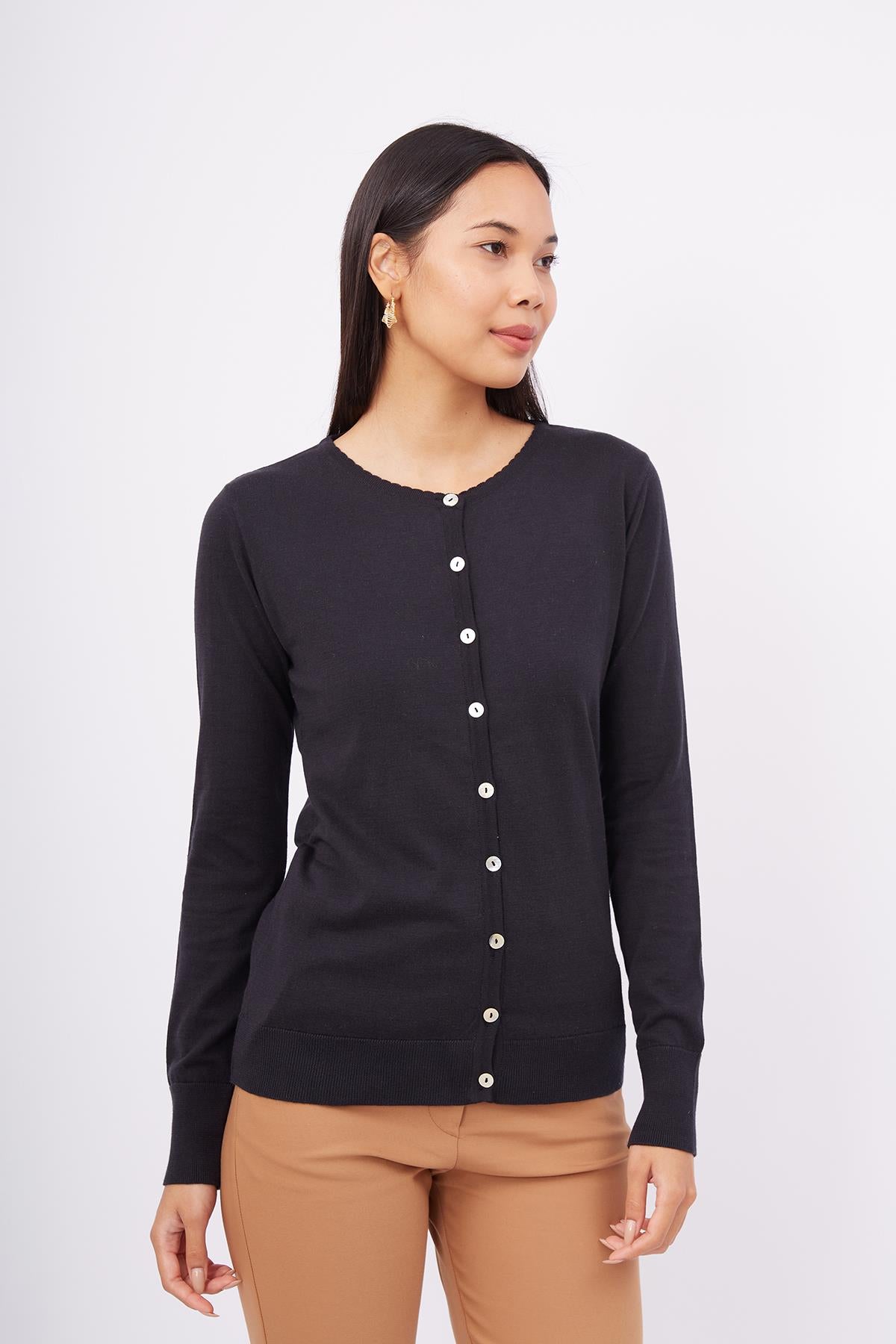 Peraluna-Mila Cardigan Bisiklet Yaka Basic Pamuklu Kadın Triko Hırka Si̇yah-Kazak & Triko-5-Milagron.com