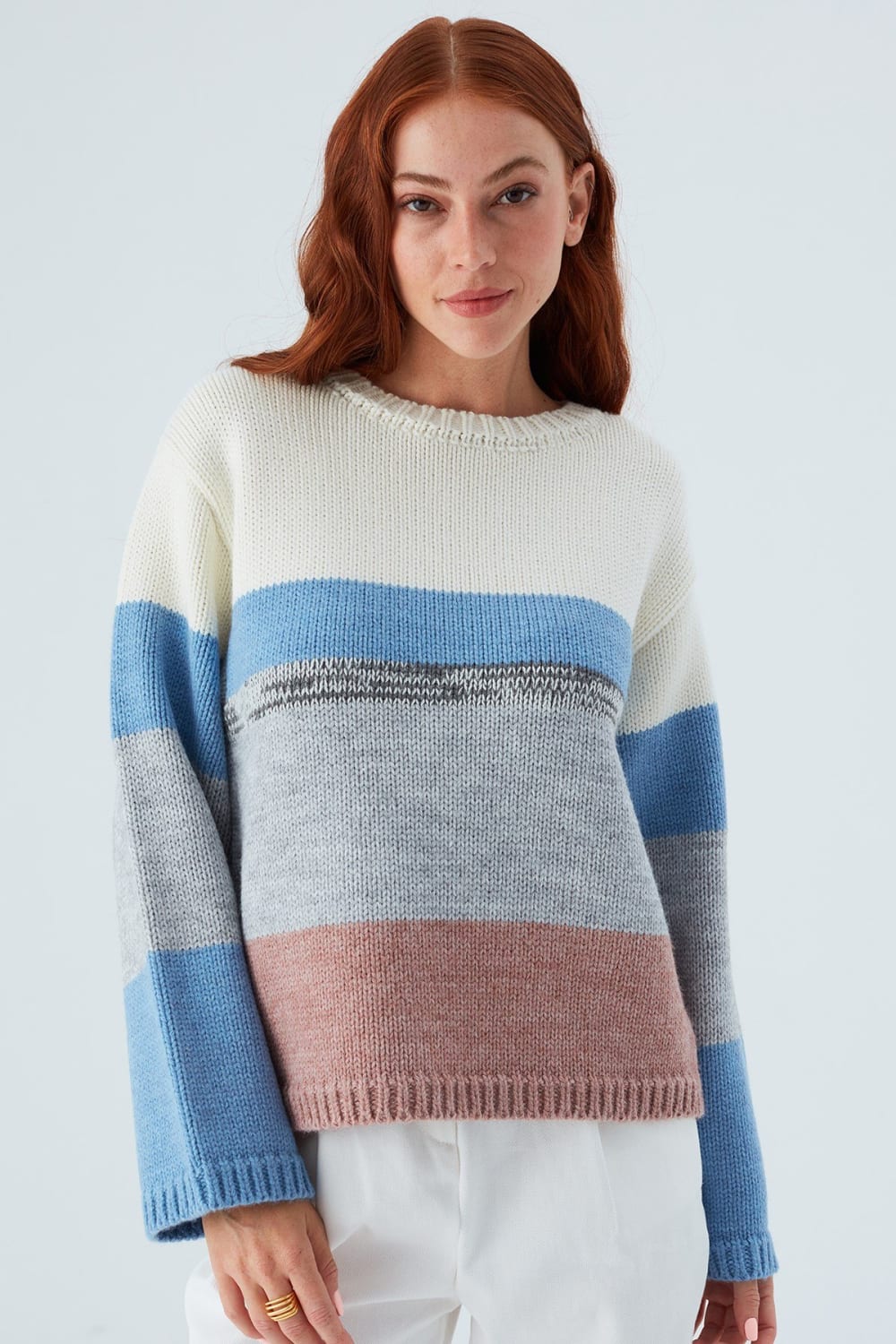 Peraluna-Mina Pullover Çizgili Bol Kesim Kadın Triko Kazak -Kazak & Triko-1-Milagron.com