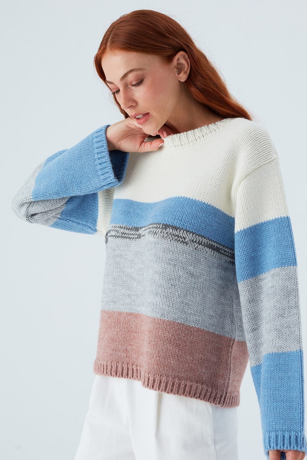 Peraluna-Mina Pullover Çizgili Bol Kesim Kadın Triko Kazak -Kazak & Triko-6-Milagron.com