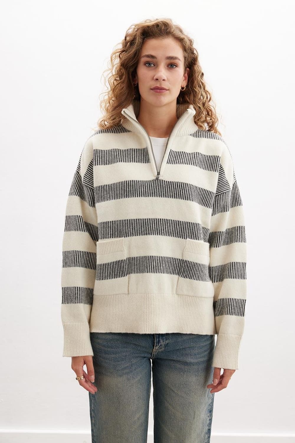 Peraluna-Misty Sweater Yüksek Yaka Fermuarlı Çizgili Yün Karışım Kadın Triko Kazak-Kazak & Triko-1-Milagron.com