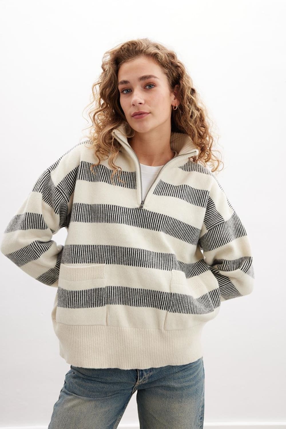 Peraluna-Misty Sweater Yüksek Yaka Fermuarlı Çizgili Yün Karışım Kadın Triko Kazak-Kazak & Triko-3-Milagron.com