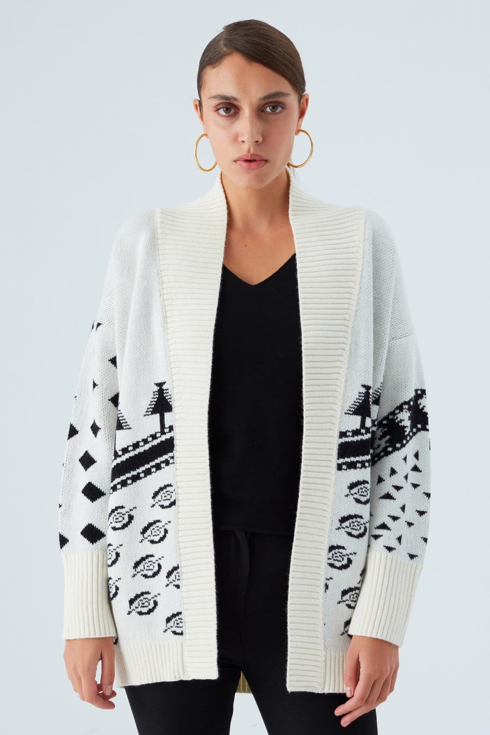 Peraluna-Moi Cardi̇gan çam Ağacı Desenli Rahat Kesim Uzun Kadın Triko Hırka Ekru/Siyah-Kazak & Triko-1-Milagron.com