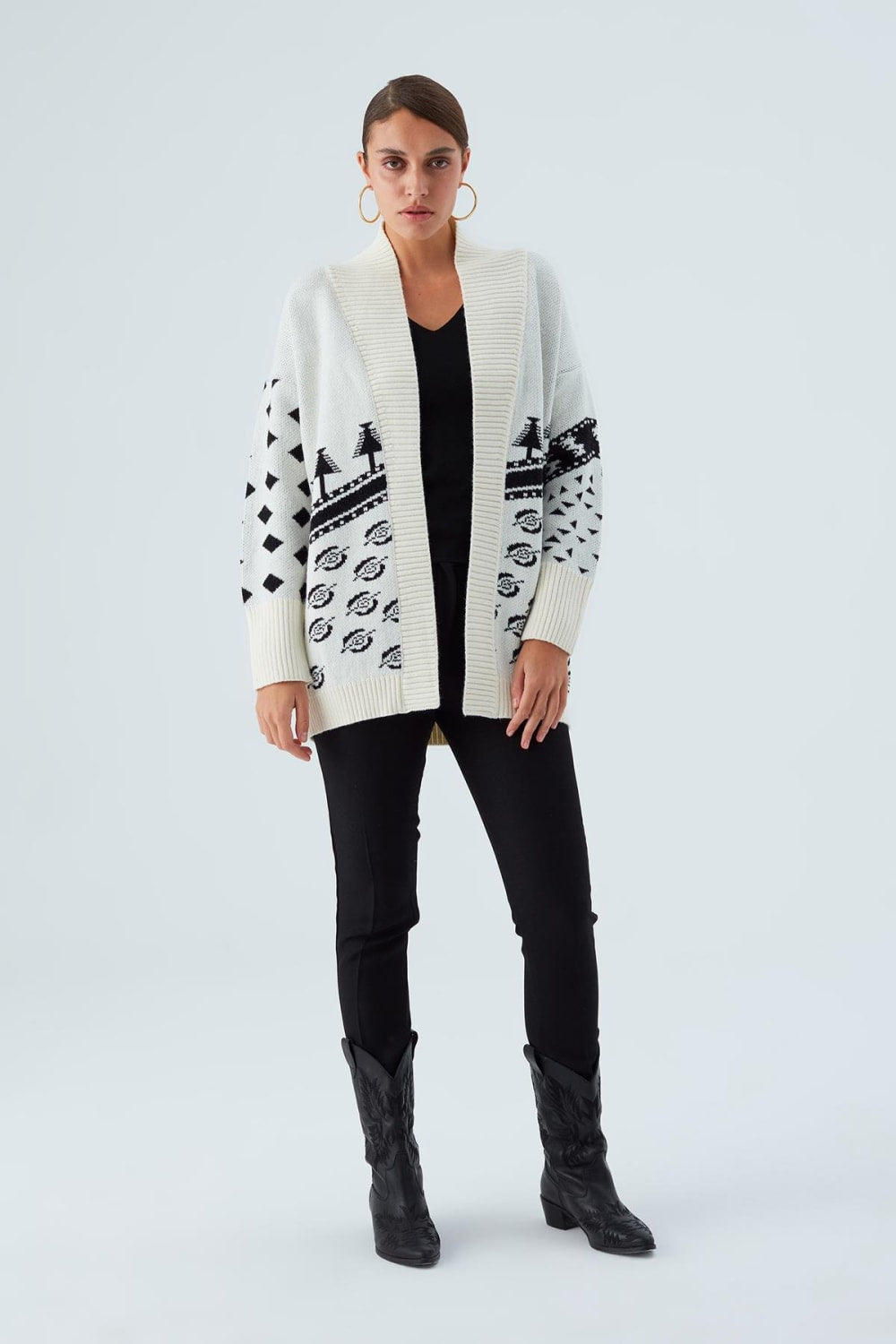 Peraluna-Moi Cardi̇gan çam Ağacı Desenli Rahat Kesim Uzun Kadın Triko Hırka Ekru/Siyah-Kazak & Triko-4-Milagron.com