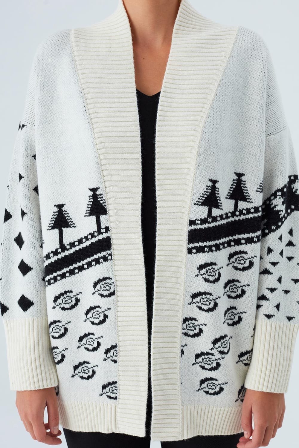 Peraluna-Moi Cardi̇gan çam Ağacı Desenli Rahat Kesim Uzun Kadın Triko Hırka Ekru/Siyah-Kazak & Triko-5-Milagron.com