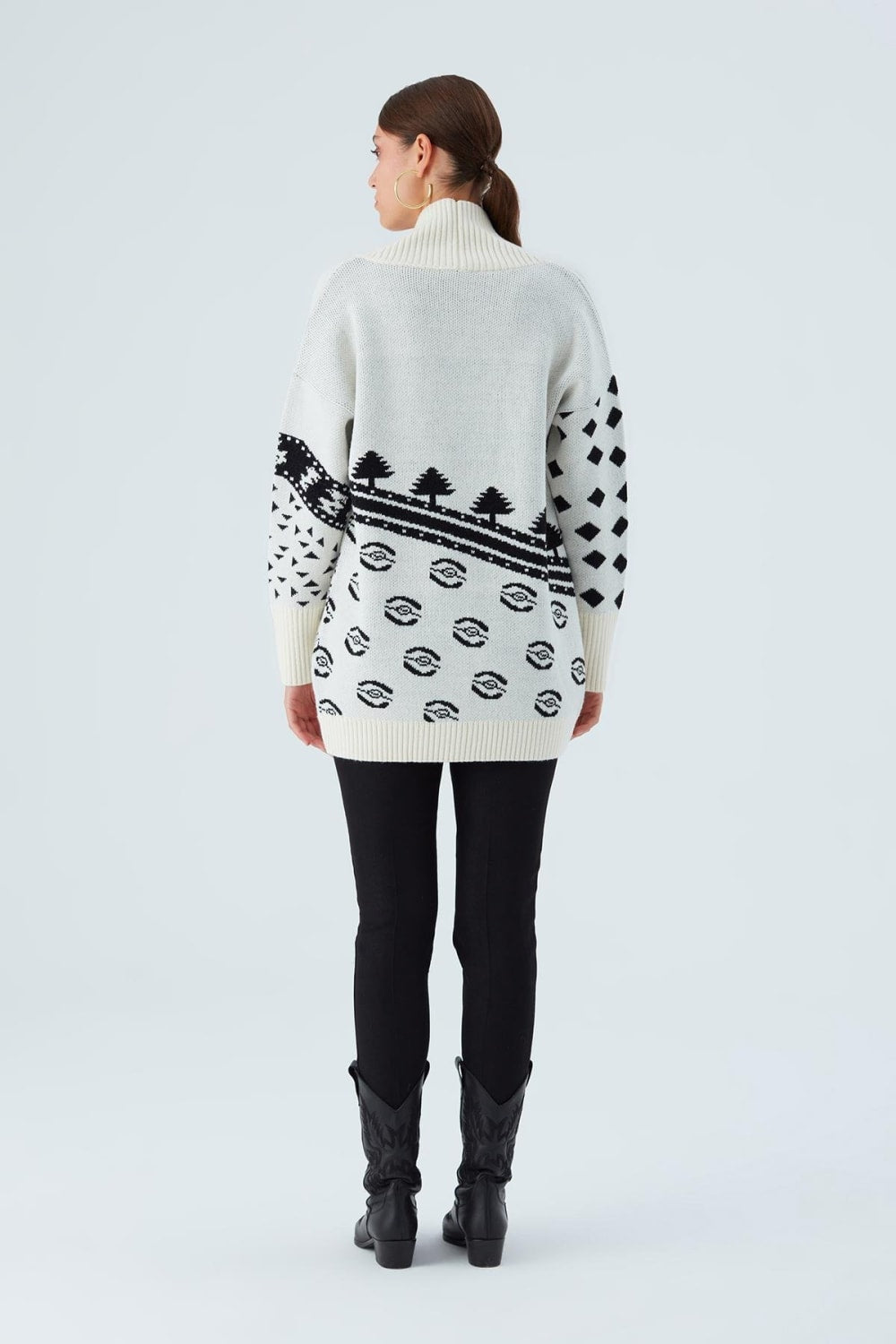 Peraluna-Moi Cardi̇gan çam Ağacı Desenli Rahat Kesim Uzun Kadın Triko Hırka Ekru/Siyah-Kazak & Triko-6-Milagron.com