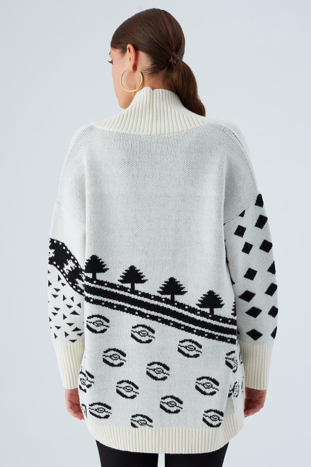 Peraluna-Moi Cardi̇gan çam Ağacı Desenli Rahat Kesim Uzun Kadın Triko Hırka Ekru/Siyah-Kazak & Triko-7-Milagron.com