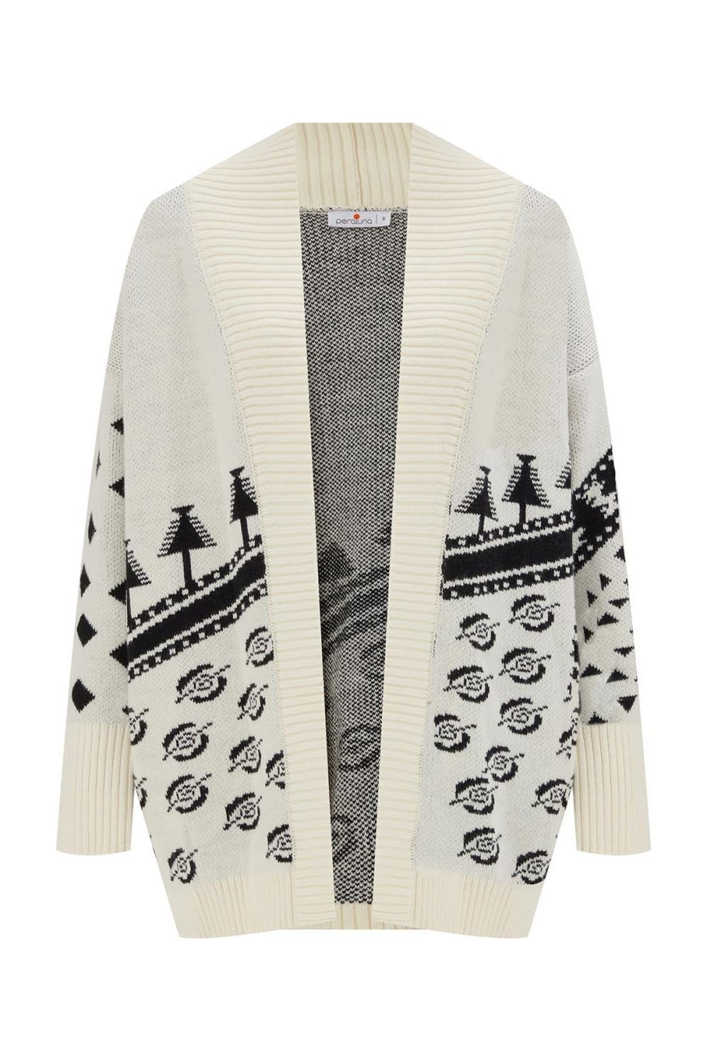 Peraluna-Moi Cardi̇gan çam Ağacı Desenli Rahat Kesim Uzun Kadın Triko Hırka Ekru/Siyah-Kazak & Triko-8-Milagron.com