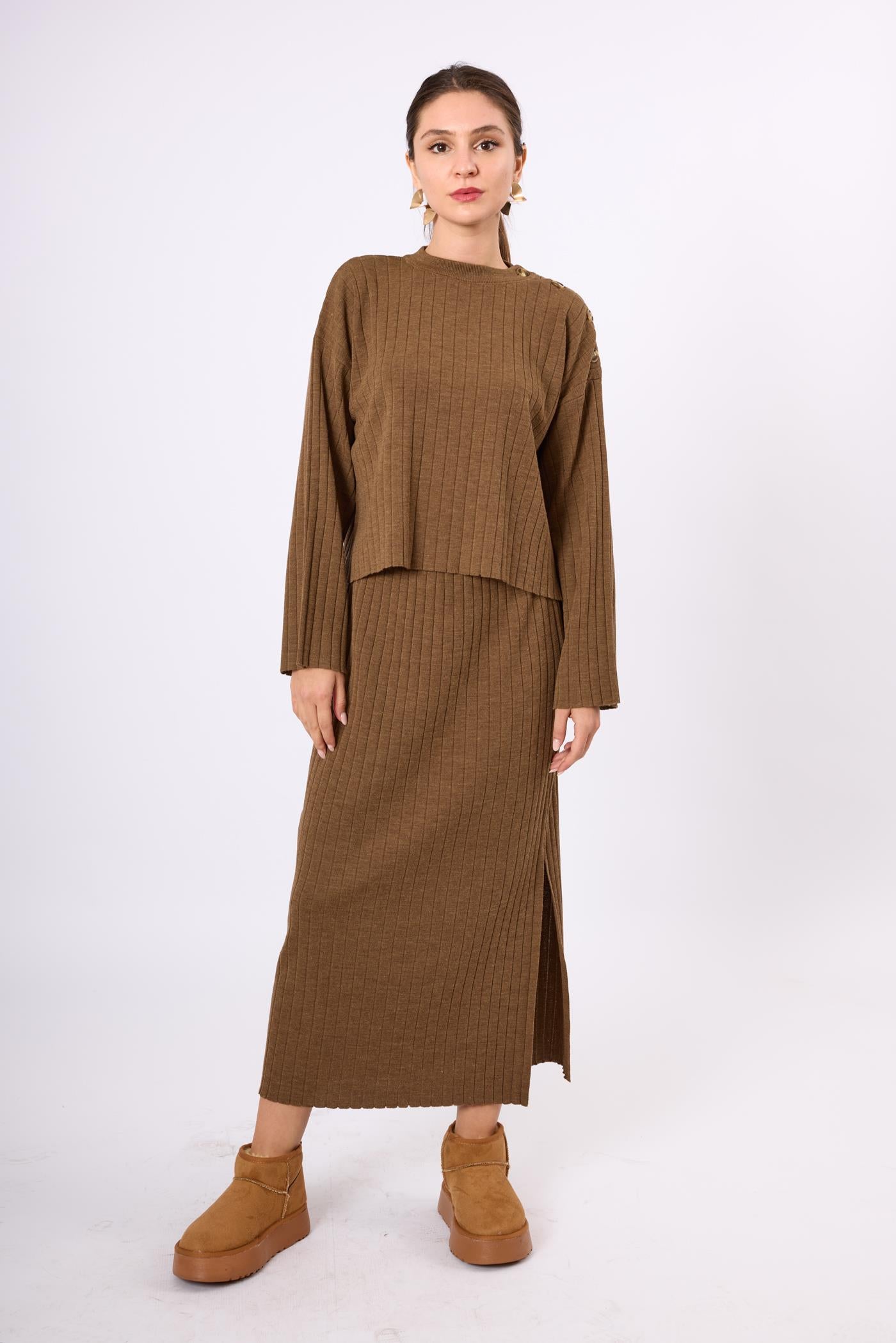 Peraluna-Molly Omuzu Düğmeli Kadın Triko Kazak Kahve Melanj-Kazak & Triko-1-Milagron.com