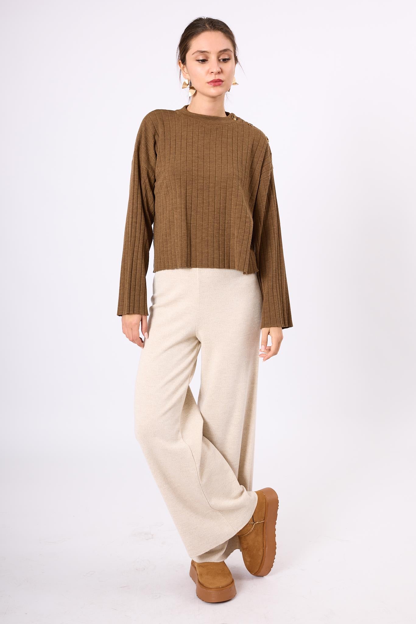 Peraluna-Molly Omuzu Düğmeli Kadın Triko Kazak Kahve Melanj-Kazak & Triko-10-Milagron.com