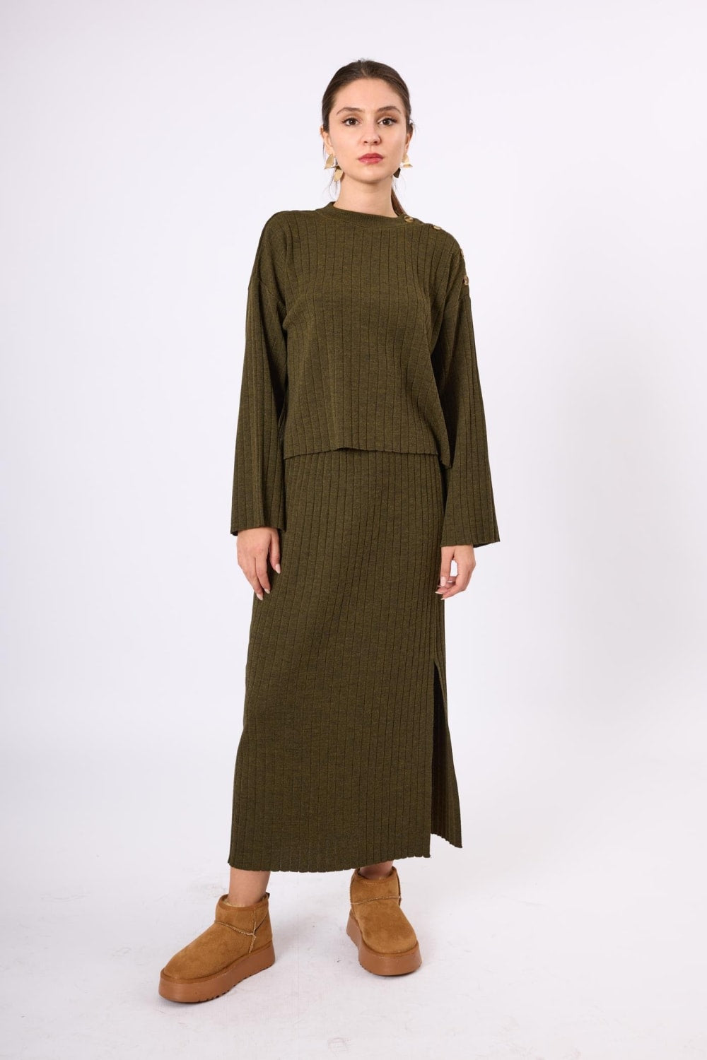 Peraluna-Molly Omuzu Düğmeli Kadın Triko Kazak Kahve Melanj-Kazak & Triko-13-Milagron.com