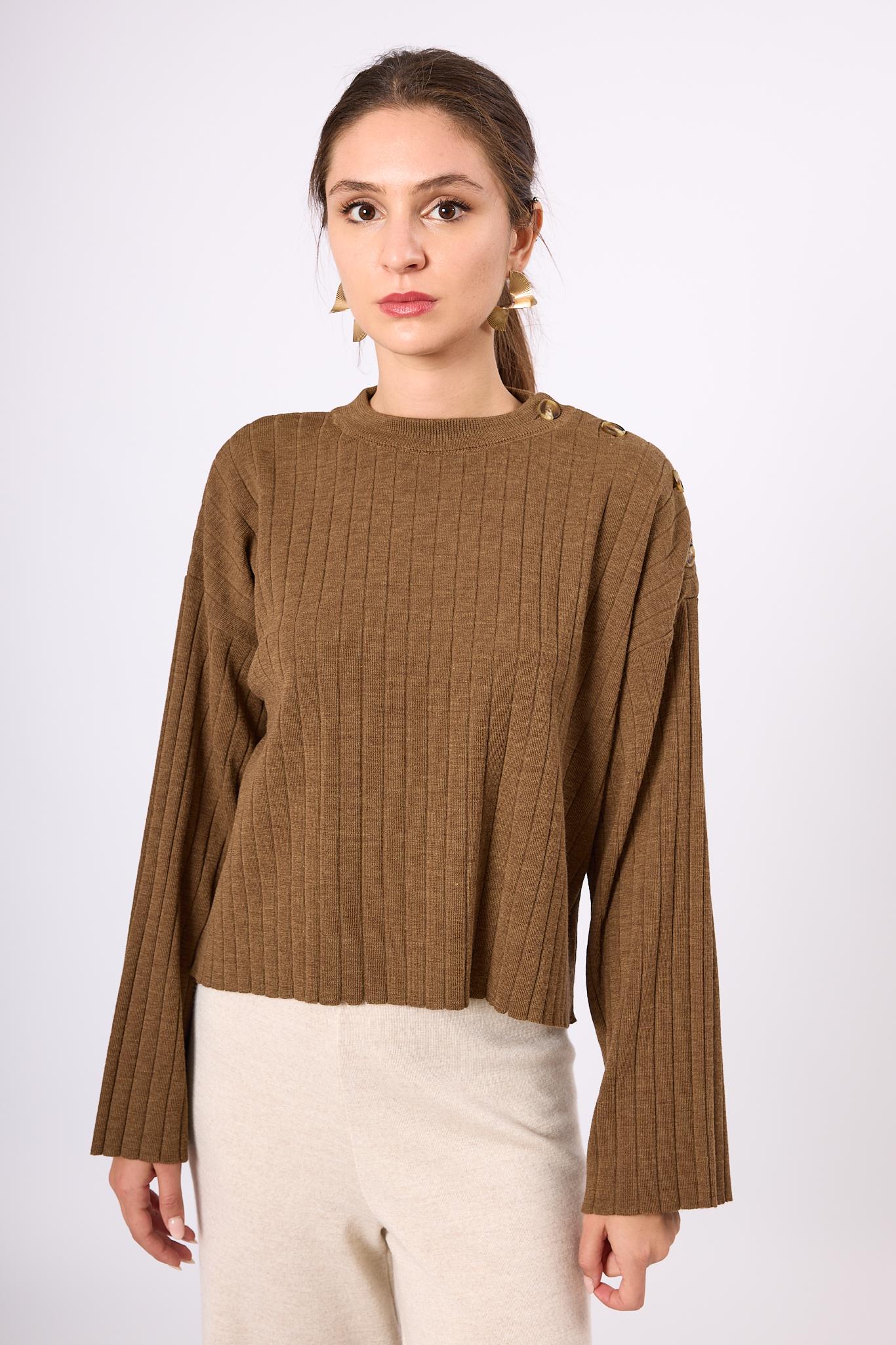 Peraluna-Molly Omuzu Düğmeli Kadın Triko Kazak Kahve Melanj-Kazak & Triko-2-Milagron.com