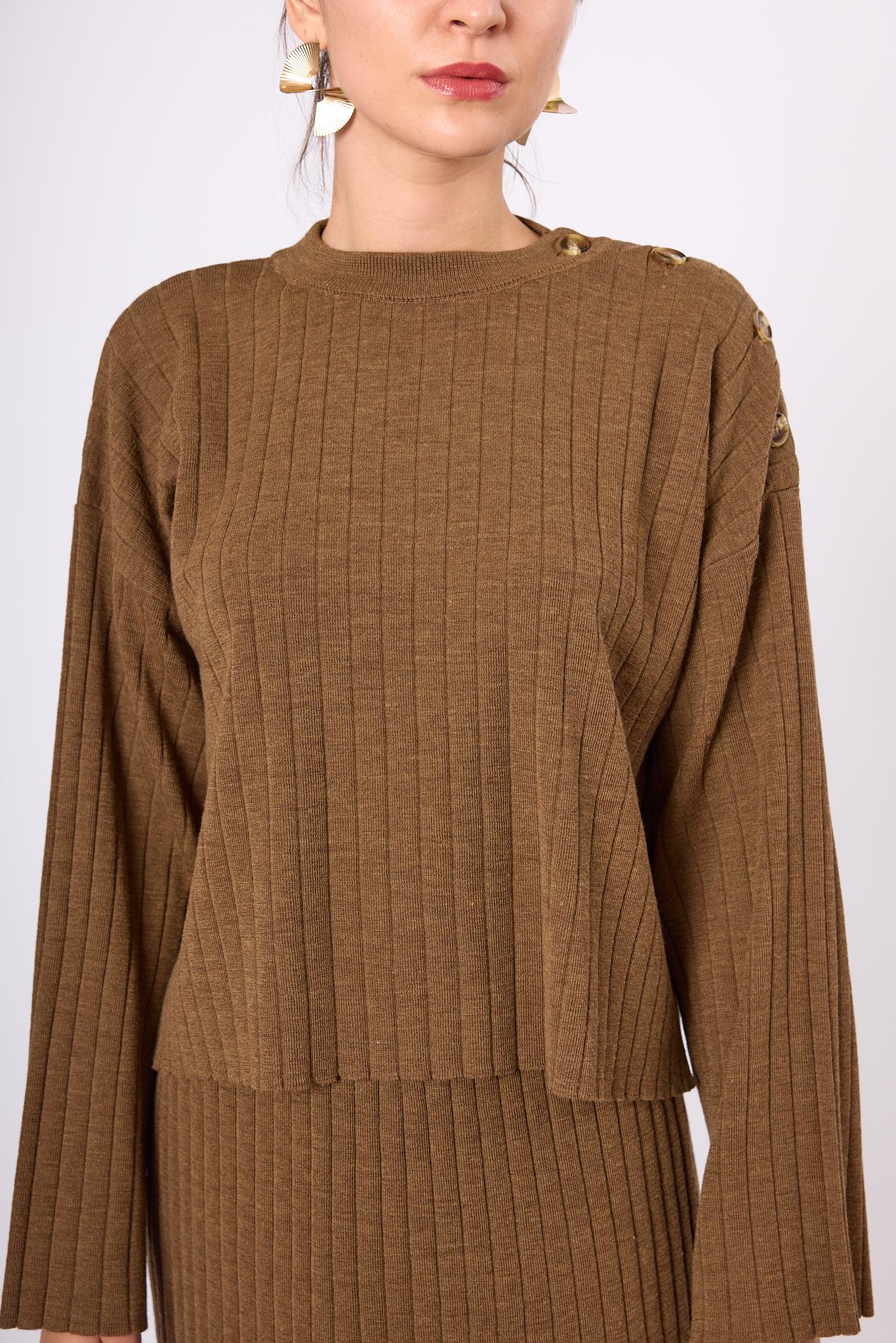 Peraluna-Molly Omuzu Düğmeli Kadın Triko Kazak Kahve Melanj-Kazak & Triko-3-Milagron.com