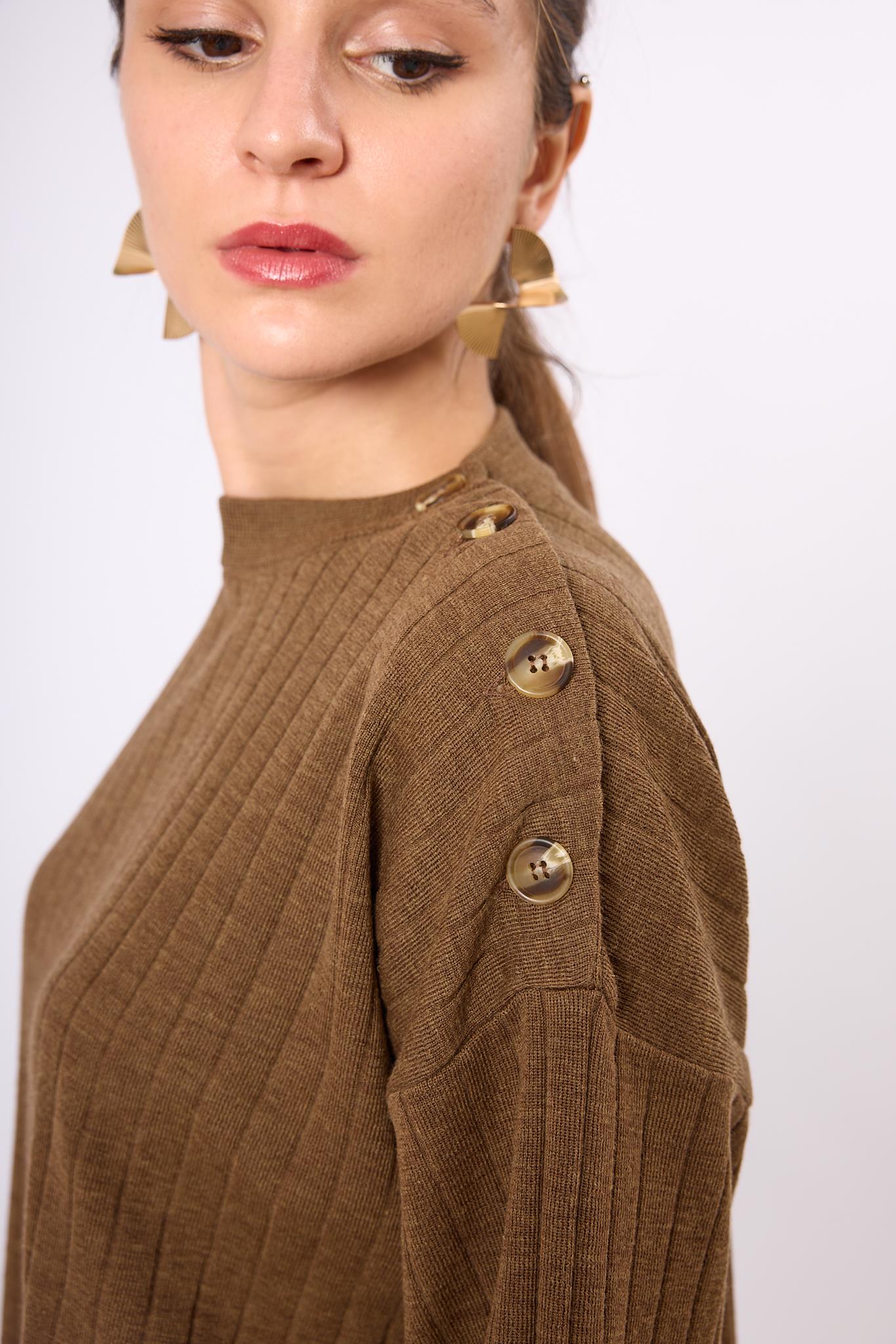 Peraluna-Molly Omuzu Düğmeli Kadın Triko Kazak Kahve Melanj-Kazak & Triko-5-Milagron.com