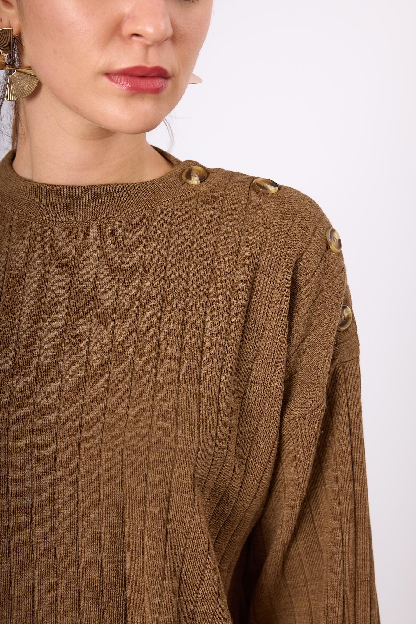 Peraluna-Molly Omuzu Düğmeli Kadın Triko Kazak Kahve Melanj-Kazak & Triko-6-Milagron.com