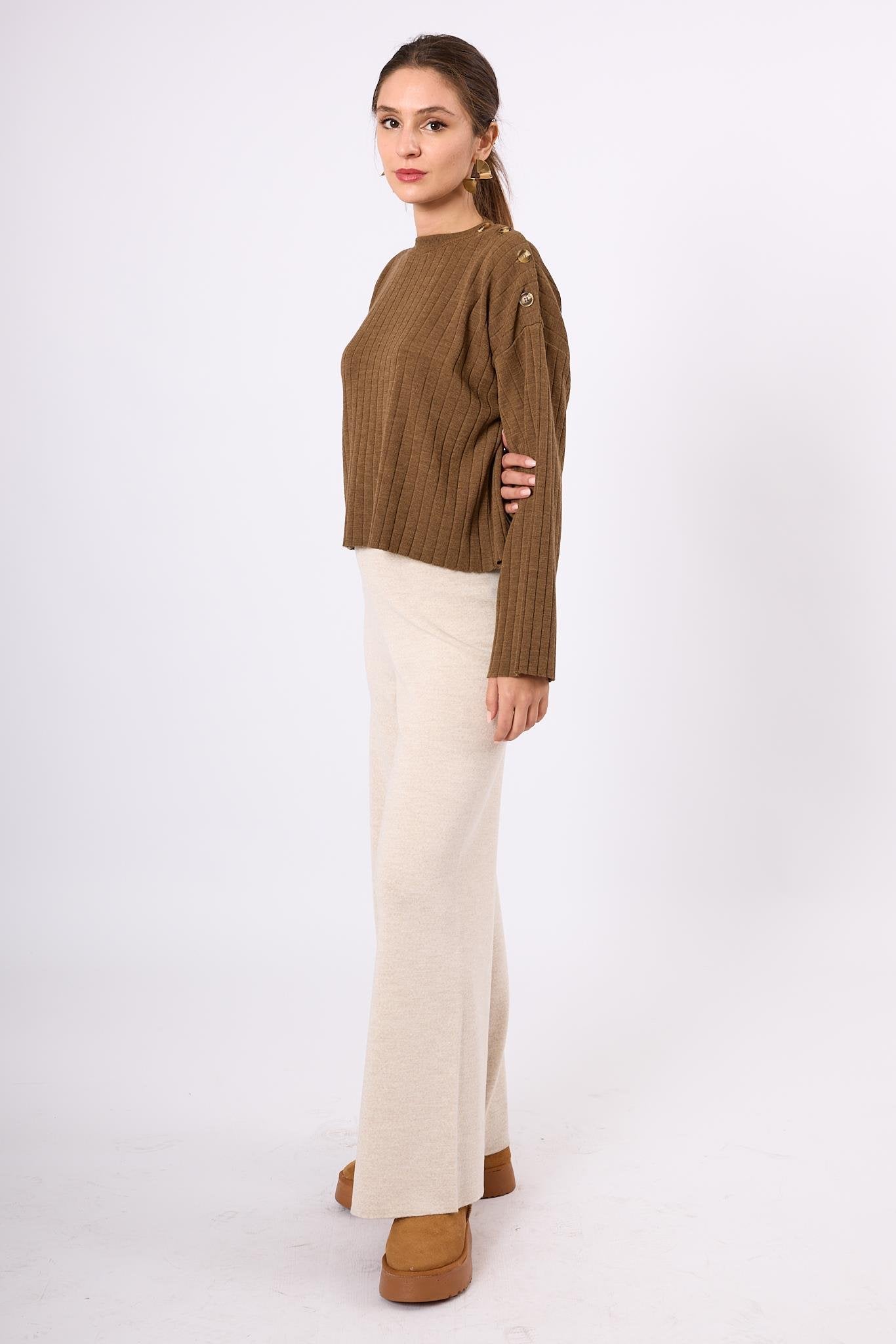 Peraluna-Molly Omuzu Düğmeli Kadın Triko Kazak Kahve Melanj-Kazak & Triko-9-Milagron.com