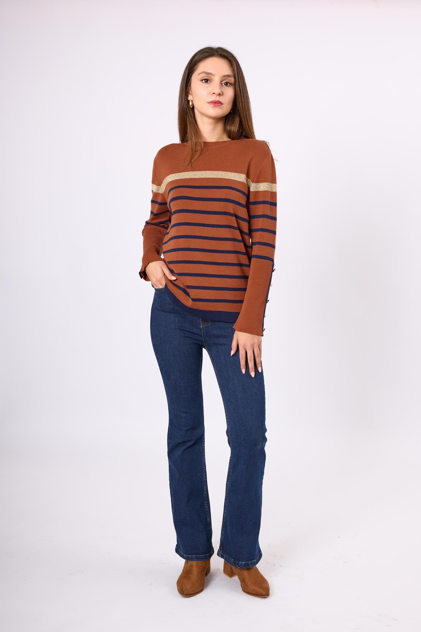 Peraluna-Monroe Çizgili Kadın Triko Kazak Kızıl Kahve-Kazak & Triko-1-Milagron.com