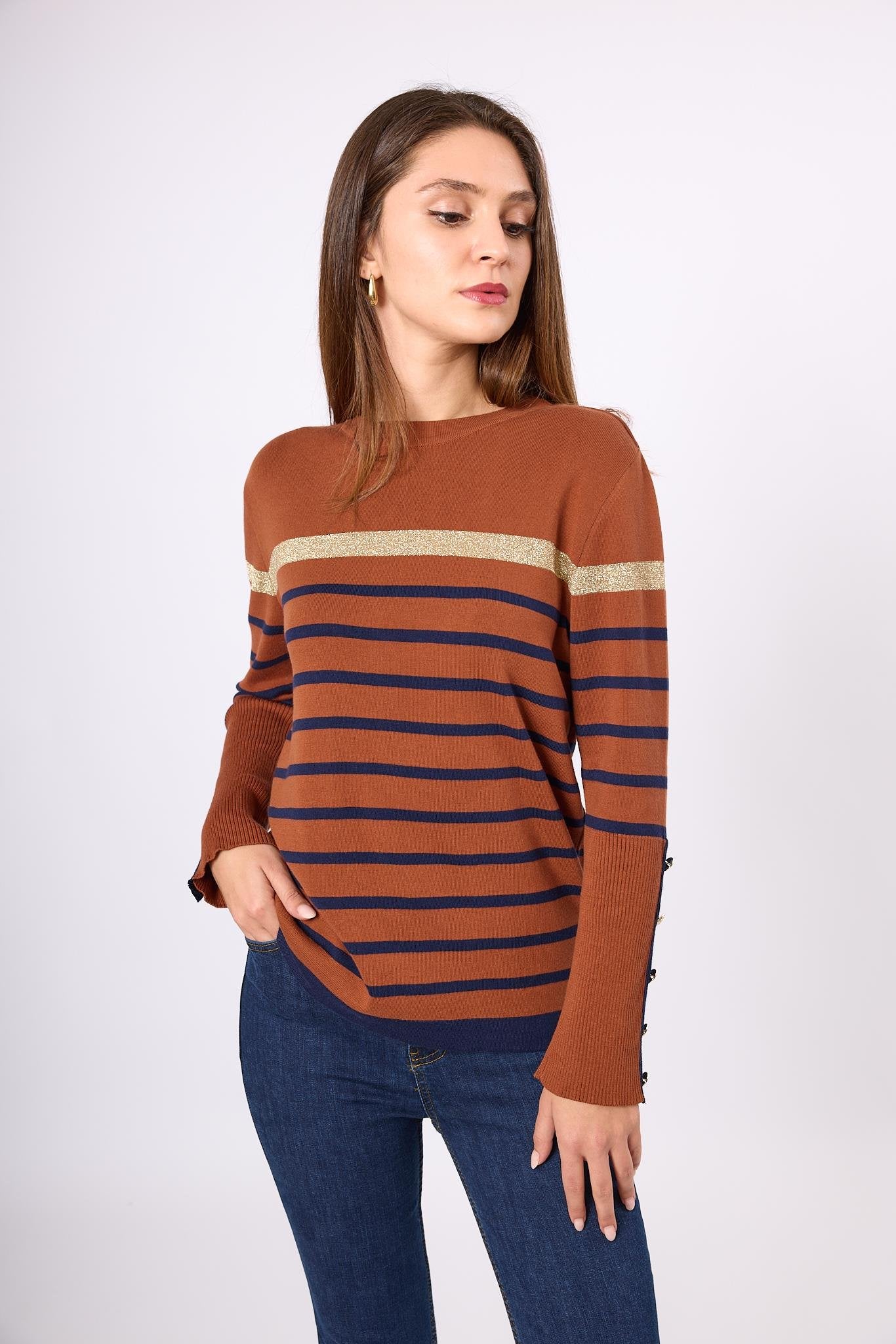 Peraluna-Monroe Çizgili Kadın Triko Kazak Kızıl Kahve-Kazak & Triko-2-Milagron.com