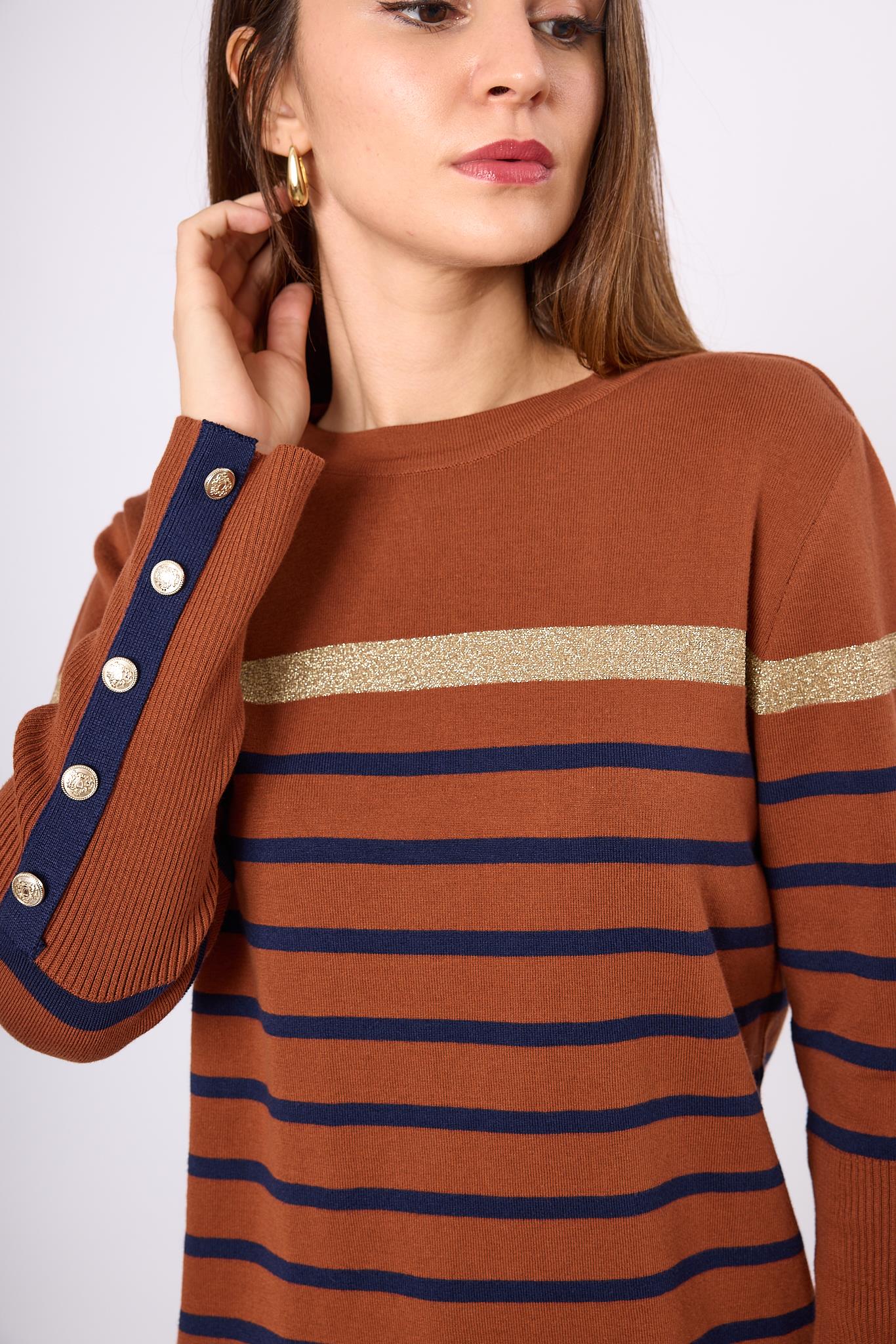 Peraluna-Monroe Çizgili Kadın Triko Kazak Kızıl Kahve-Kazak & Triko-3-Milagron.com