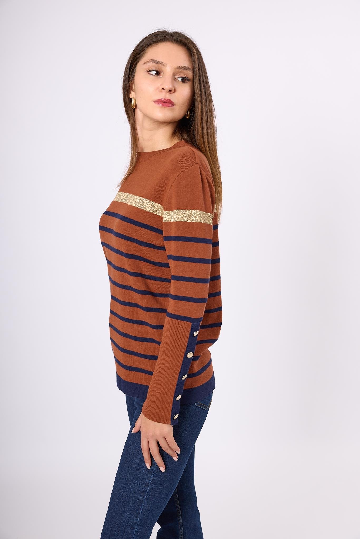 Peraluna-Monroe Çizgili Kadın Triko Kazak Kızıl Kahve-Kazak & Triko-7-Milagron.com