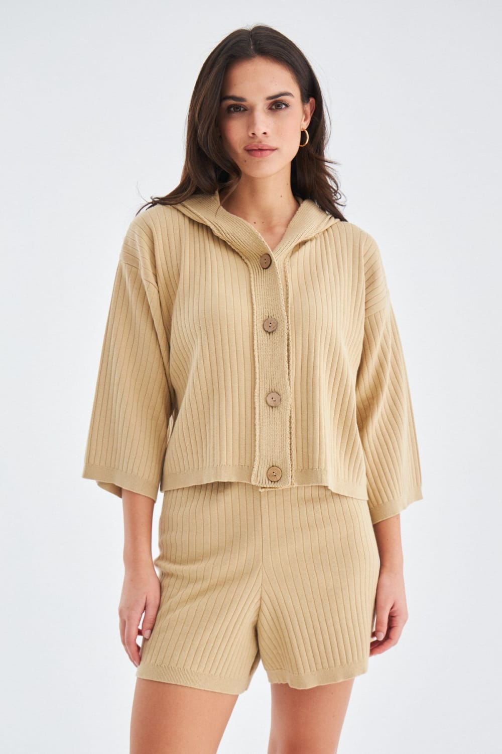 Peraluna-Mujo Cardigan & Shorts %100 Pamuk Kadın Triko Şort Takım-Şort-16-Milagron.com