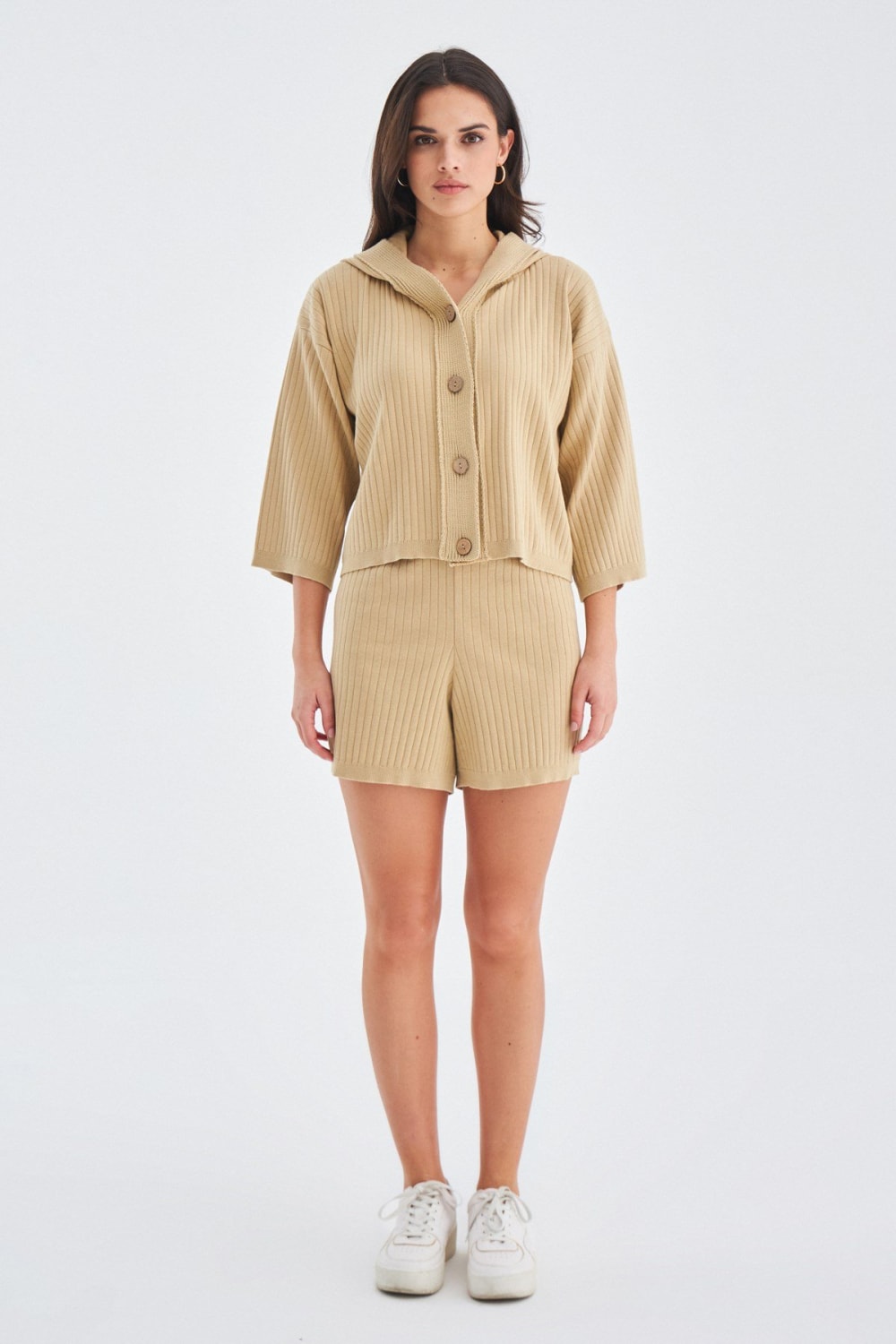 Peraluna-Mujo Cardigan & Shorts %100 Pamuk Kadın Triko Şort Takım-Şort-17-Milagron.com