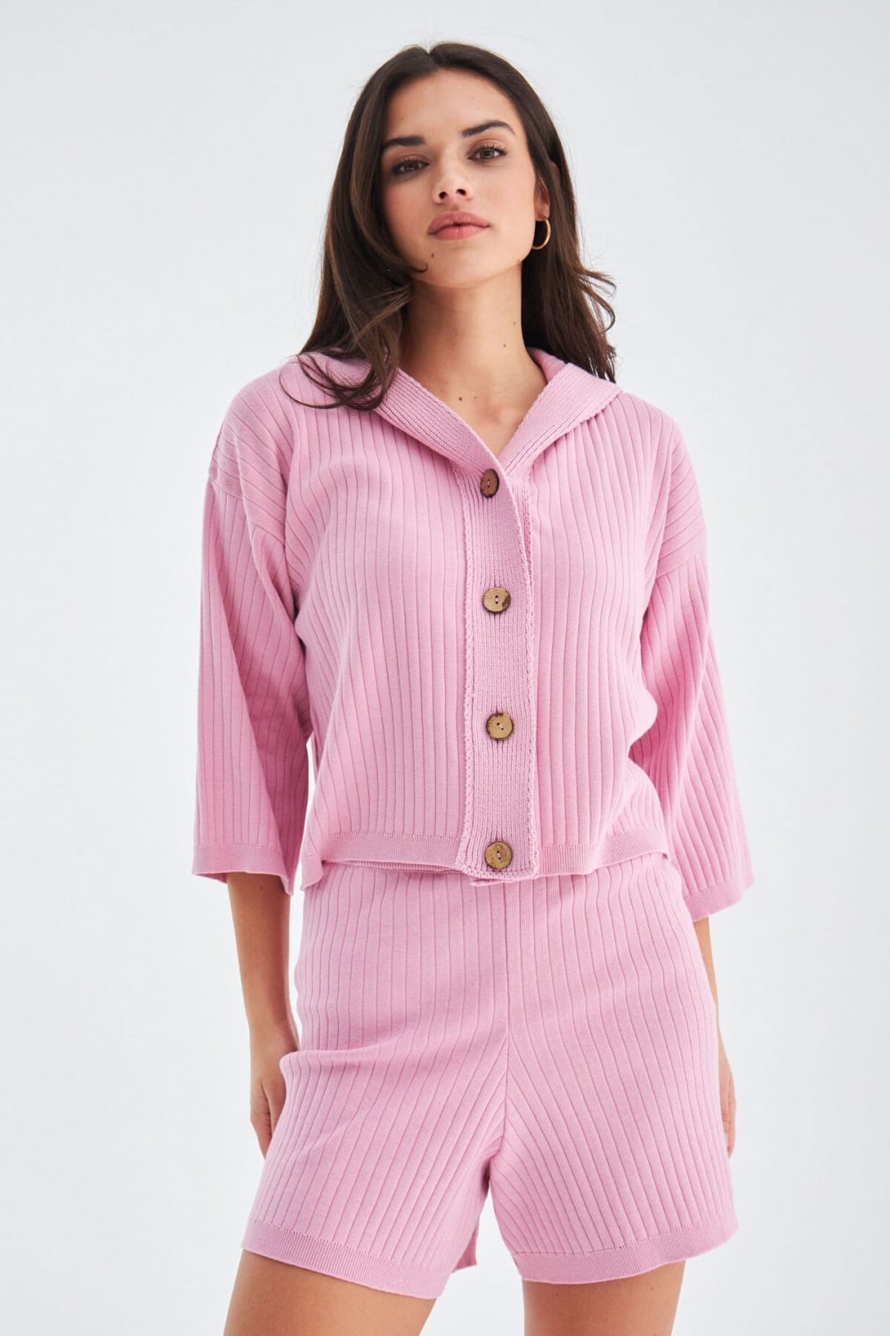 Peraluna-Mujo Cardigan & Shorts %100 Pamuk Kadın Triko Şort Takım-Şort-4-Milagron.com