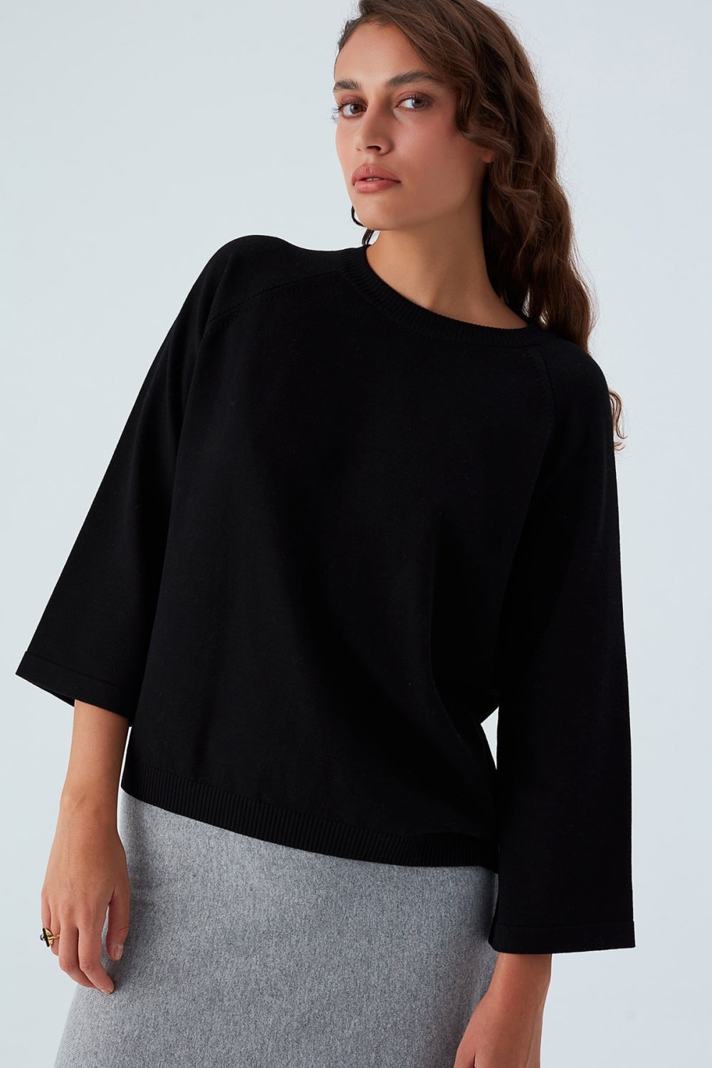 Peraluna-Nell Pullover Yanları Yırtmaçlı 3/4 Kol İnce Kadın Triko Kazak -Kazak & Triko-3-Milagron.com