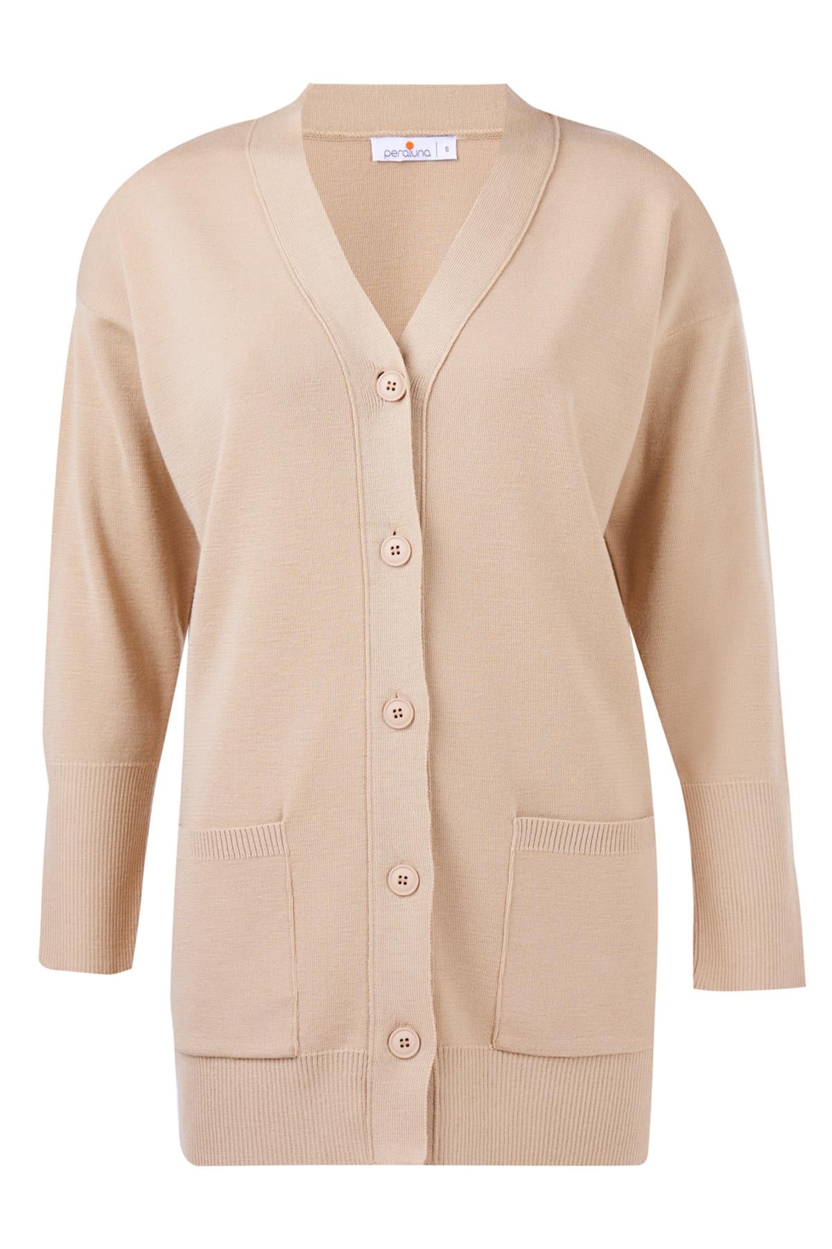 Peraluna-Nicola Long Cardigan Cepli Klasik Kesim V Yaka Uzun Kadın Triko Hırka Bej-Kazak & Triko-9-Milagron.com