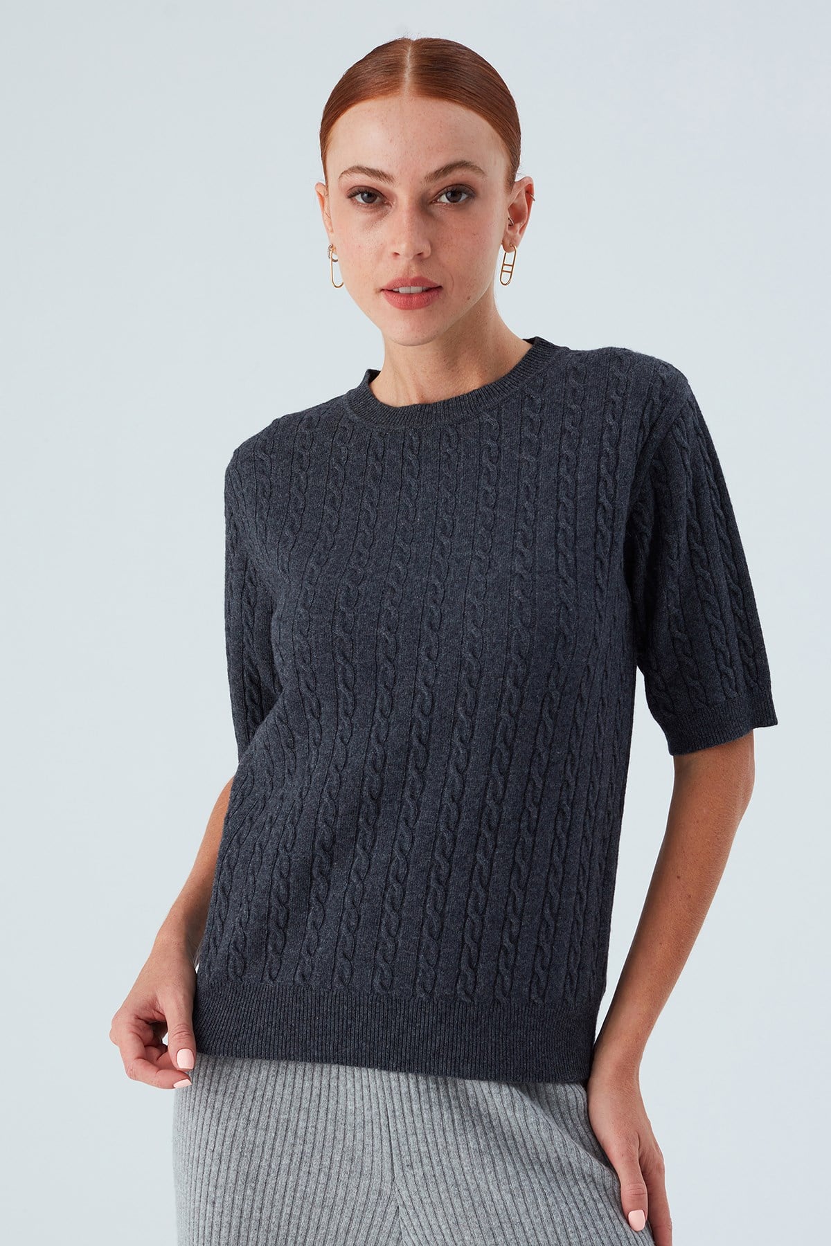 Peraluna Nicole Blouse Saç Örgülü Kısa Kollu Kaşmirli Kadın Triko Bluz - Antrasit