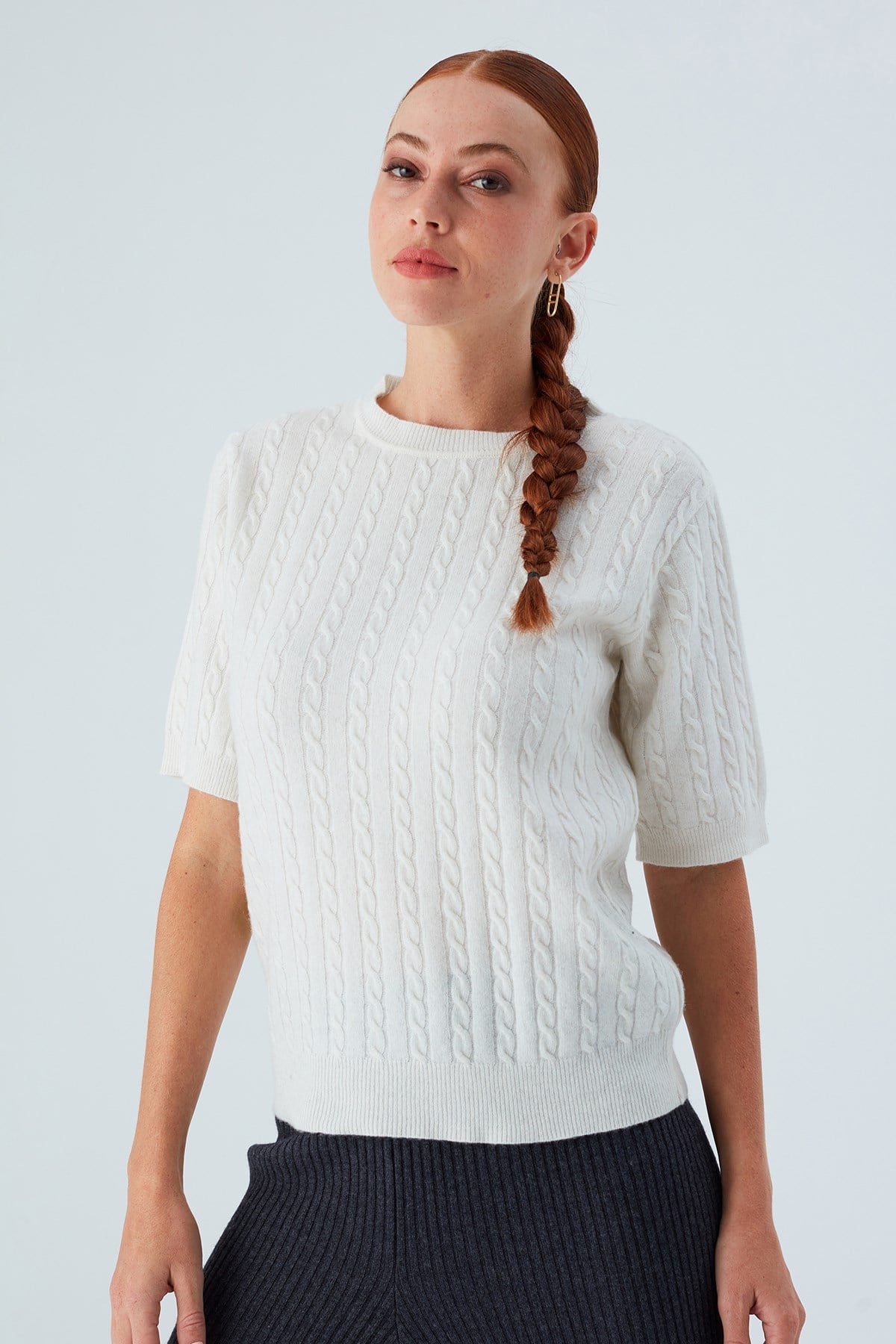 Peraluna Nicole Blouse Saç Örgülü Kısa Kollu Kaşmirli Kadın Triko Bluz - Ekru