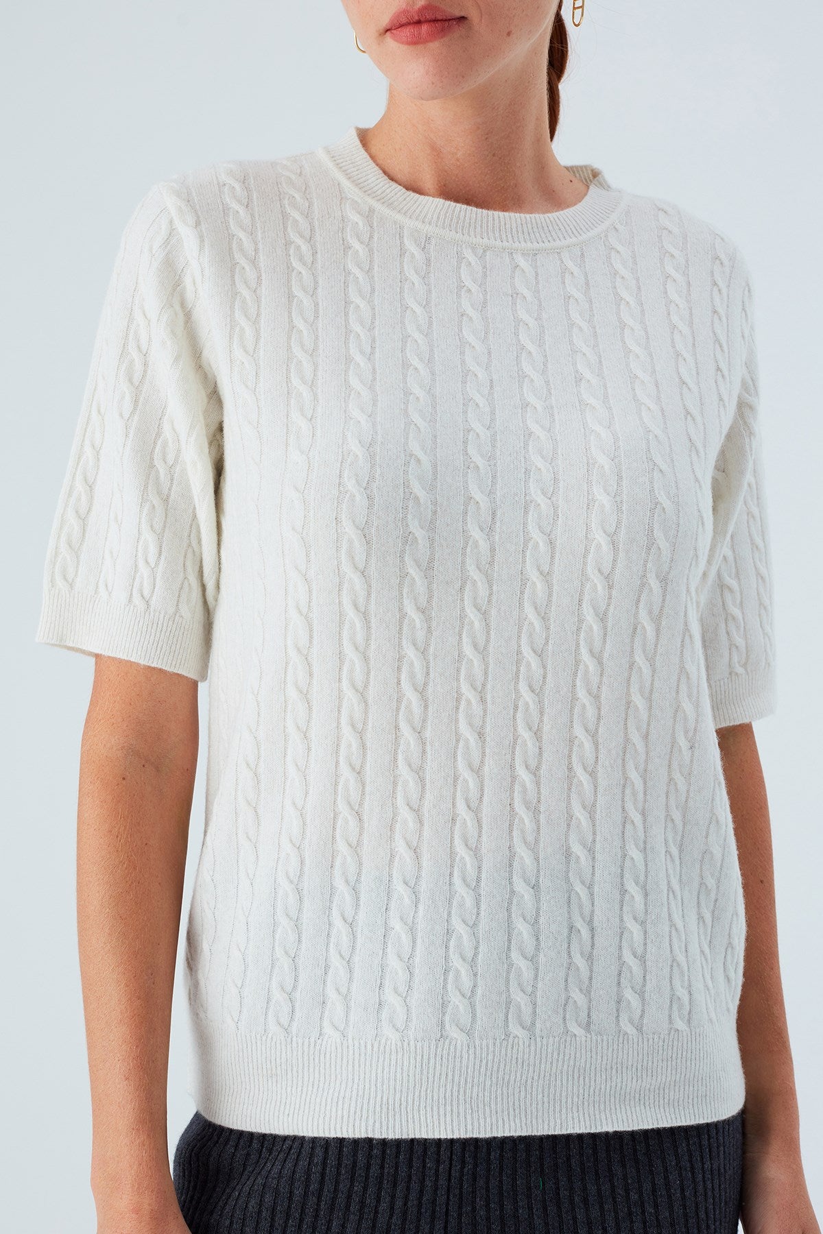 Peraluna Nicole Blouse Saç Örgülü Kısa Kollu Kaşmirli Kadın Triko Bluz - Ekru