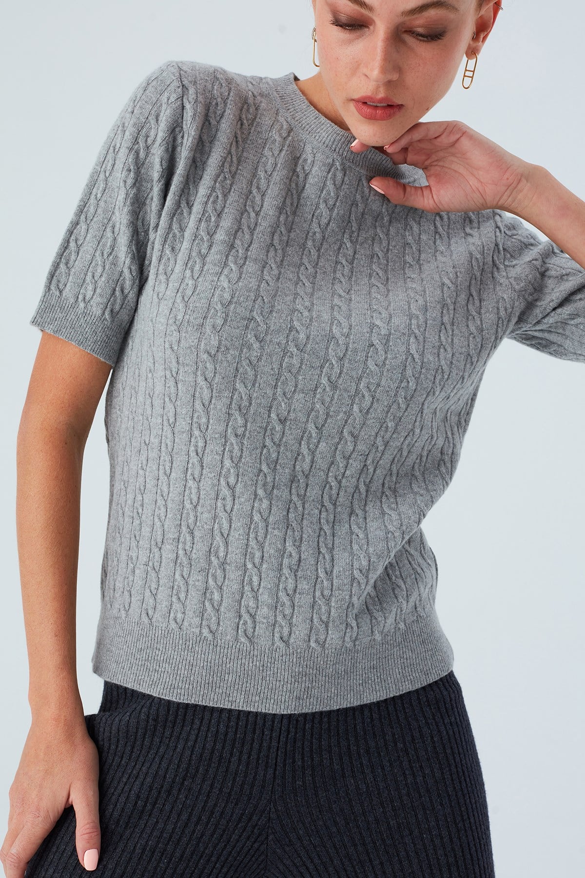 Peraluna Nicole Blouse Saç Örgülü Kısa Kollu Kaşmirli Kadın Triko Bluz - Gri Melanj