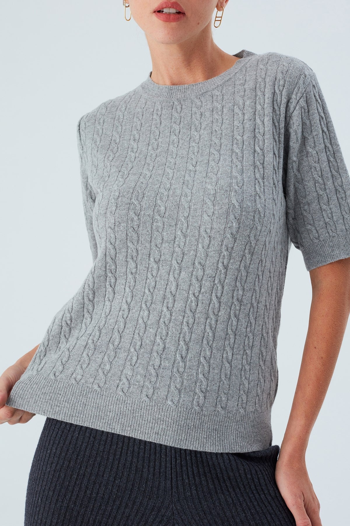 Peraluna Nicole Blouse Saç Örgülü Kısa Kollu Kaşmirli Kadın Triko Bluz - Gri Melanj