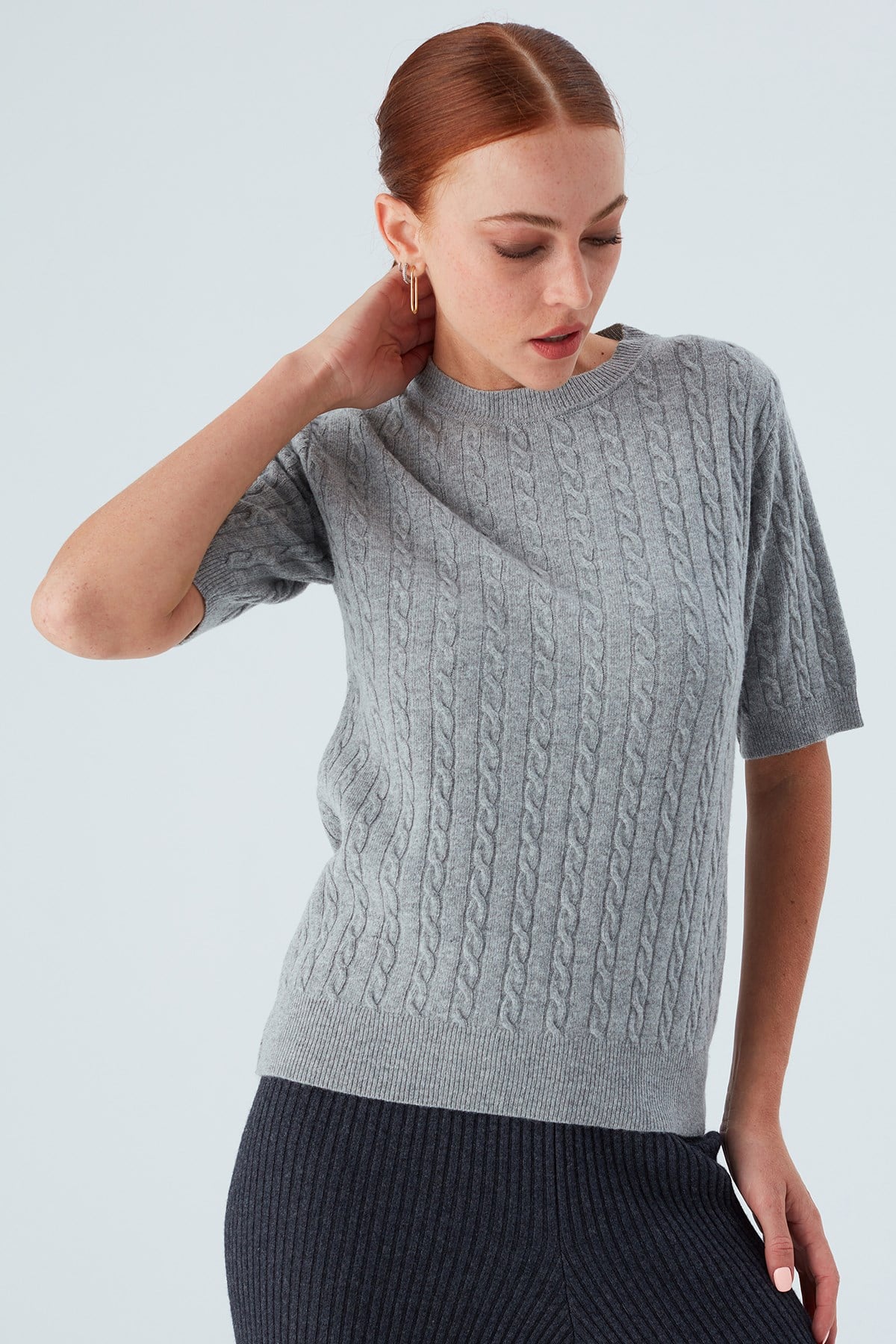Peraluna Nicole Blouse Saç Örgülü Kısa Kollu Kaşmirli Kadın Triko Bluz - Gri Melanj