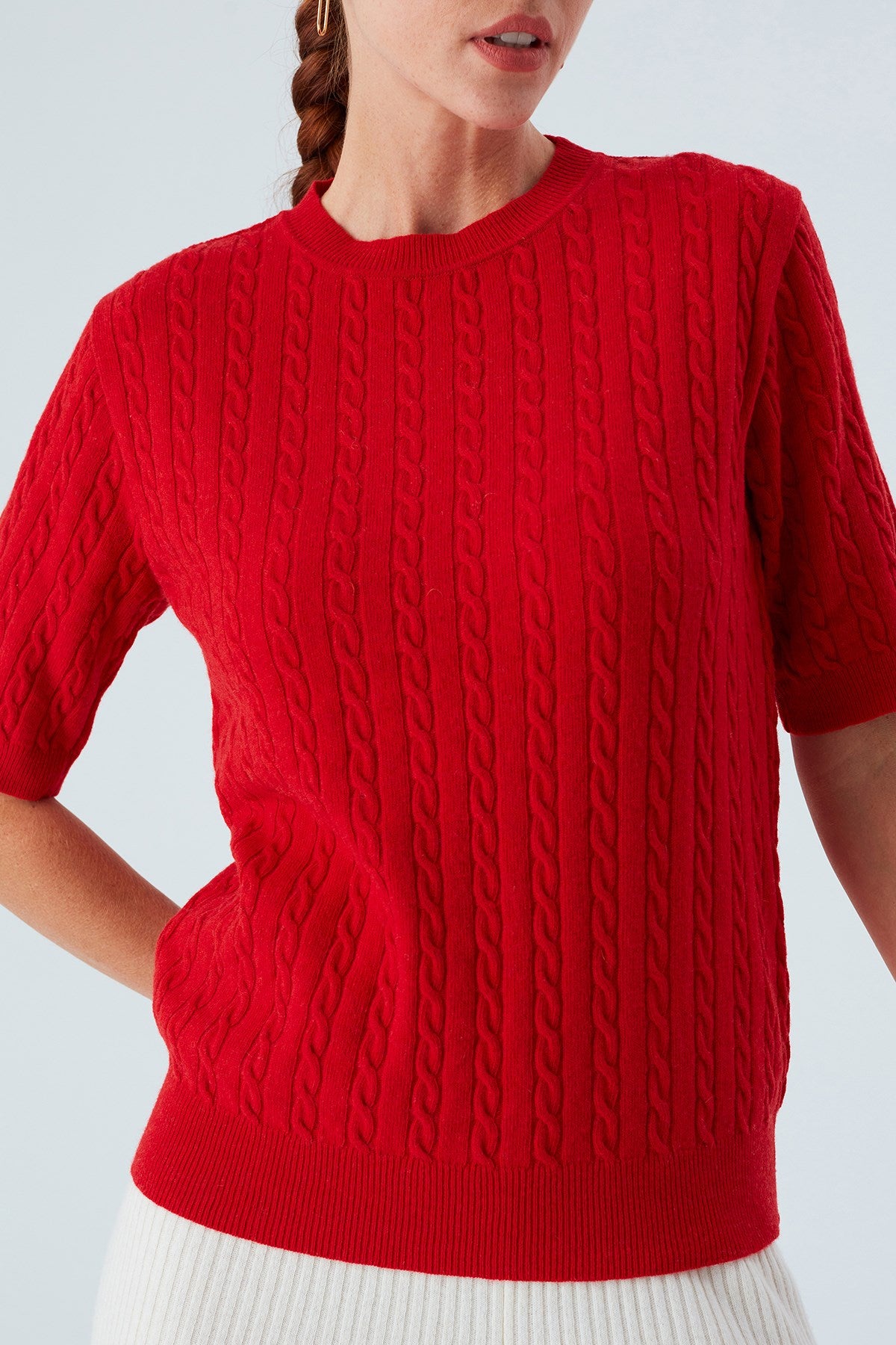 Peraluna Nicole Blouse Saç Örgülü Kısa Kollu Kaşmirli Kadın Triko Bluz - Kırmızı