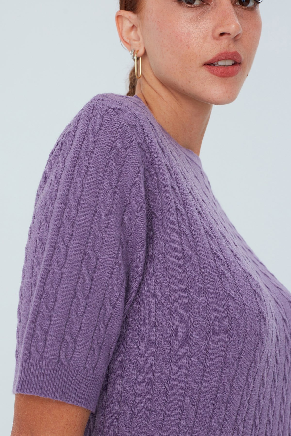 Peraluna Nicole Blouse Saç Örgülü Kısa Kollu Kaşmirli Kadın Triko Bluz - Pastel Mor