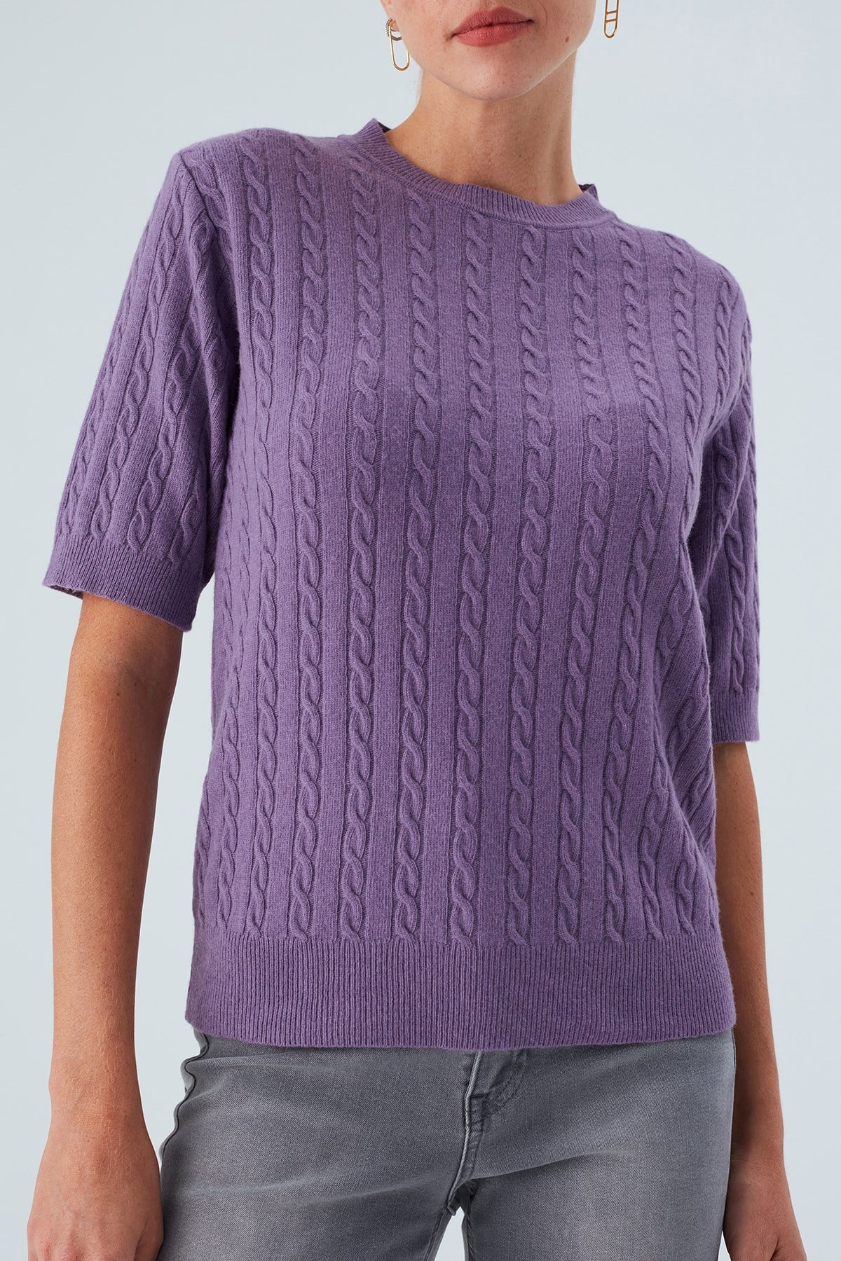 Peraluna Nicole Blouse Saç Örgülü Kısa Kollu Kaşmirli Kadın Triko Bluz - Pastel Mor