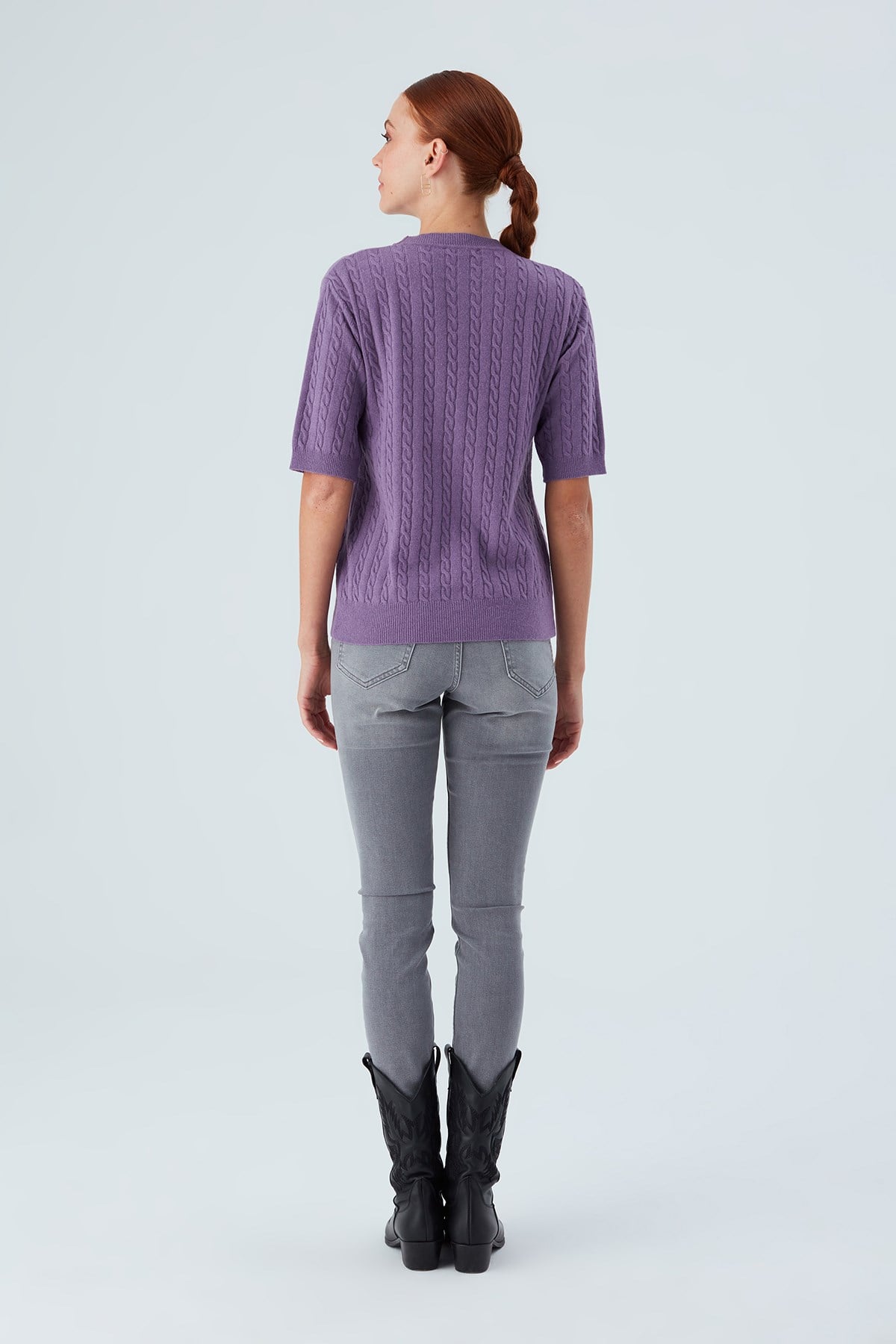 Peraluna Nicole Blouse Saç Örgülü Kısa Kollu Kaşmirli Kadın Triko Bluz - Pastel Mor