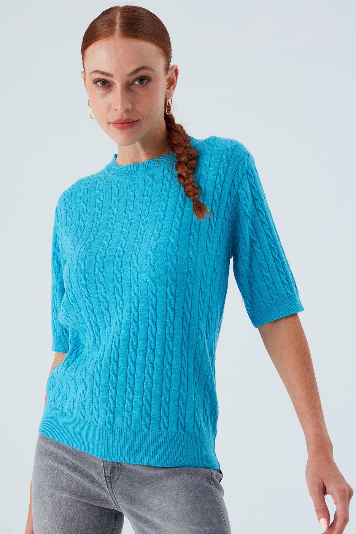 Peraluna Nicole Blouse Saç Örgülü Kısa Kollu Kaşmirli Kadın Triko Bluz - Turkuaz