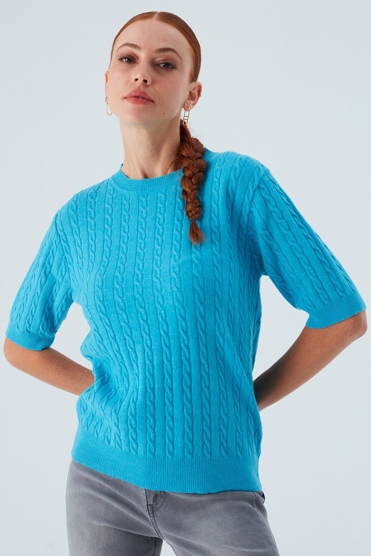 Peraluna Nicole Blouse Saç Örgülü Kısa Kollu Kaşmirli Kadın Triko Bluz - Turkuaz