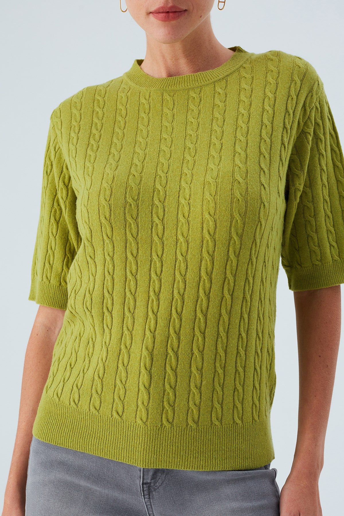 Peraluna Nicole Blouse Saç Örgülü Kısa Kollu Kaşmirli Kadın Triko Bluz - Yeşil