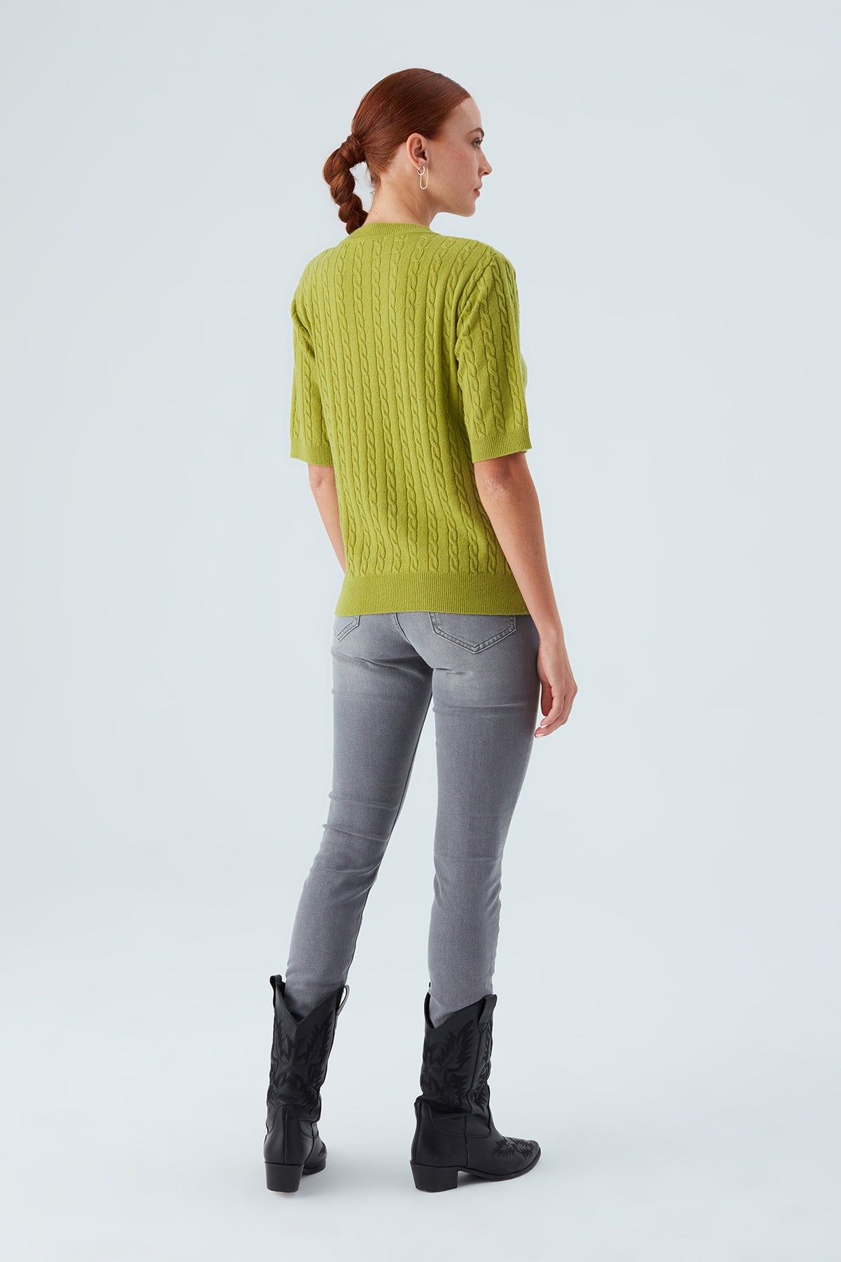 Peraluna Nicole Blouse Saç Örgülü Kısa Kollu Kaşmirli Kadın Triko Bluz - Yeşil