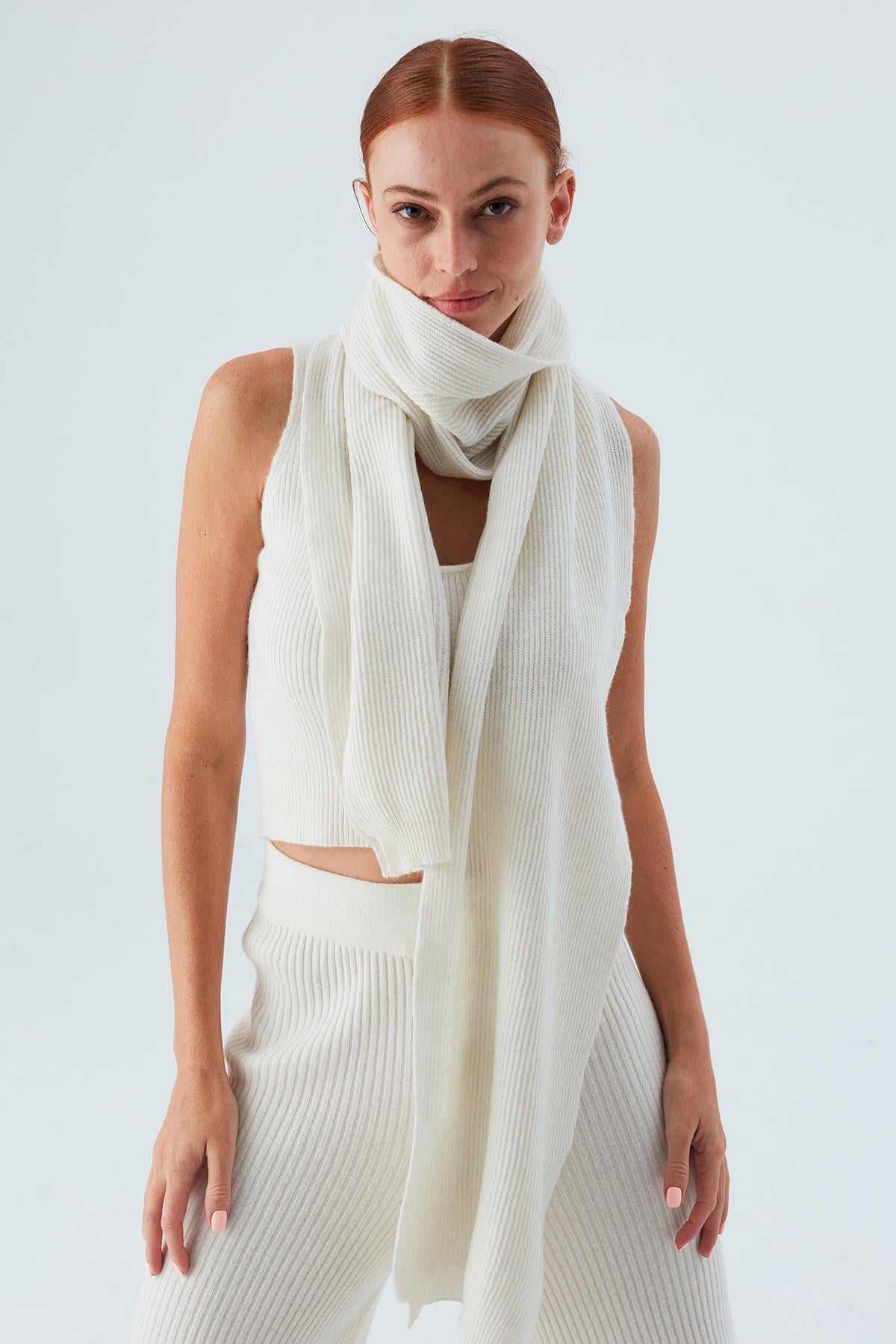 Peraluna Nomi Scarf Selanik Örgü Kaşmir Karışımlı Yumuşak Kadın Triko Atkı - Ekru