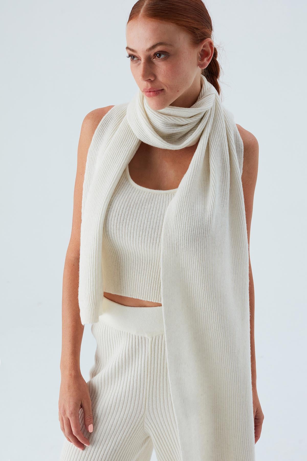 Peraluna Nomi Scarf Selanik Örgü Kaşmir Karışımlı Yumuşak Kadın Triko Atkı - Ekru