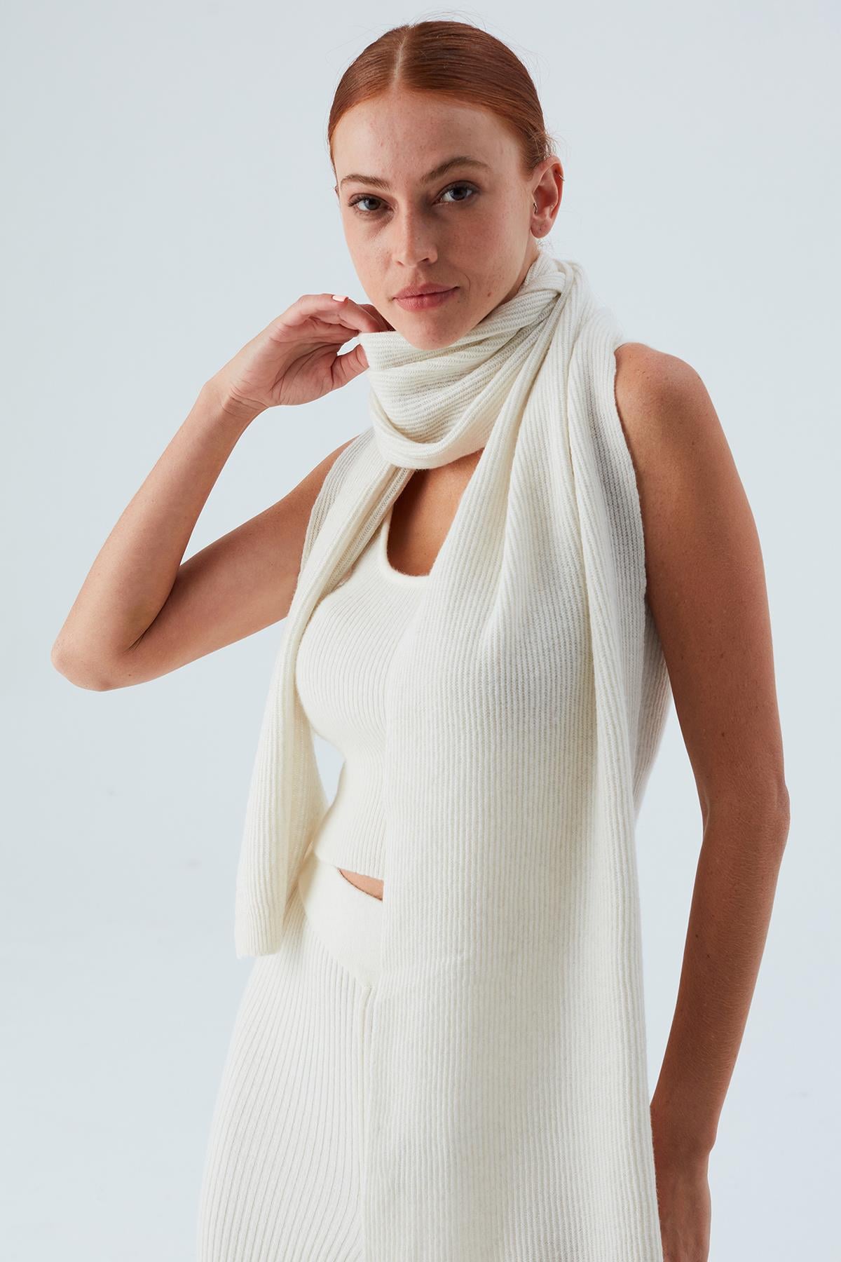 Peraluna Nomi Scarf Selanik Örgü Kaşmir Karışımlı Yumuşak Kadın Triko Atkı - Ekru