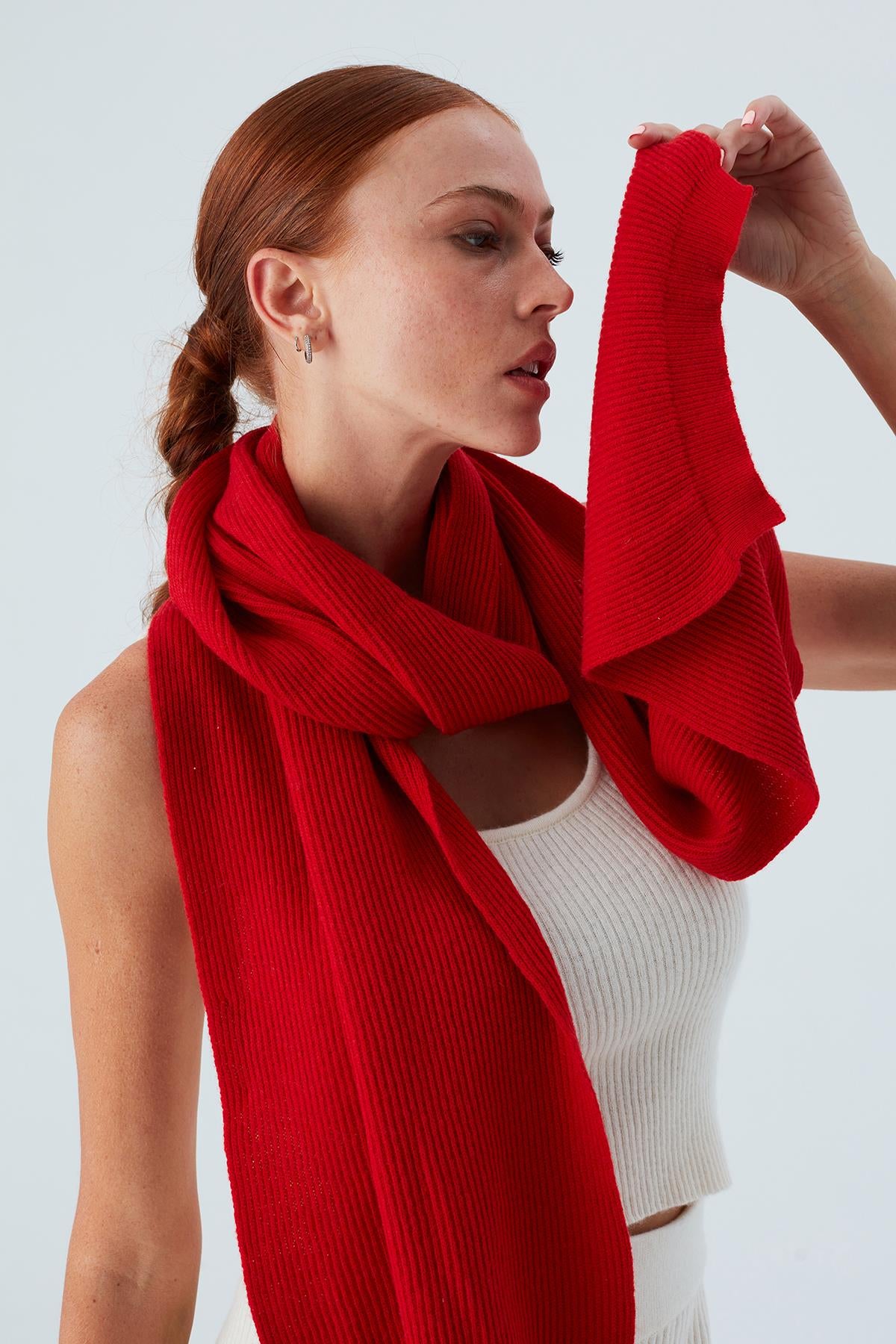 Peraluna Nomi Scarf Selanik Örgü Kaşmir Karışımlı Yumuşak Kadın Triko Atkı - Kırmızı