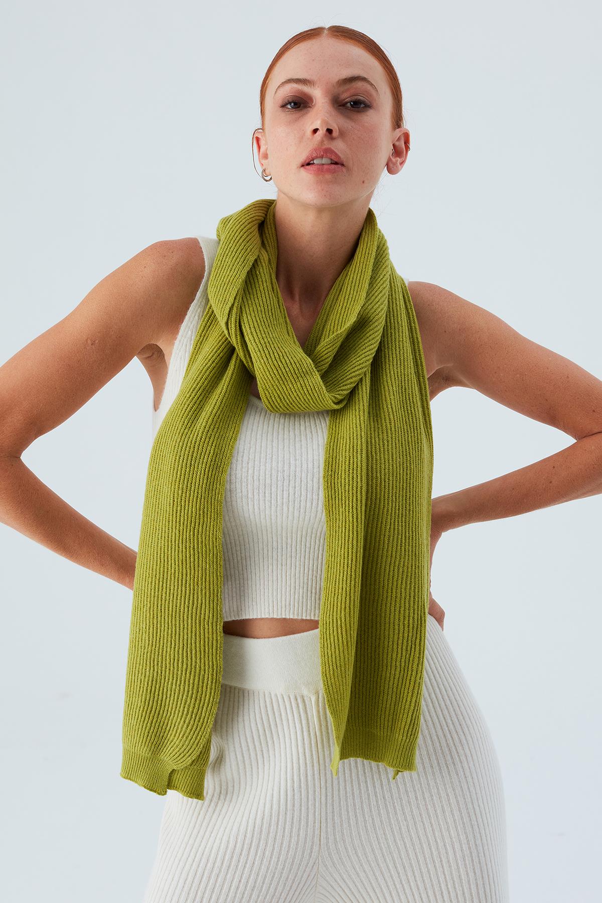 Peraluna Nomi Scarf Selanik Örgü Kaşmir Karışımlı Yumuşak Kadın Triko Atkı - Yeşil